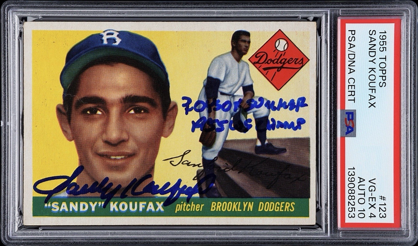 1955 Topps Sandy Koufax Signed Rookie. "Boys of Summer 1955 WS Champs" PSA 4, 100