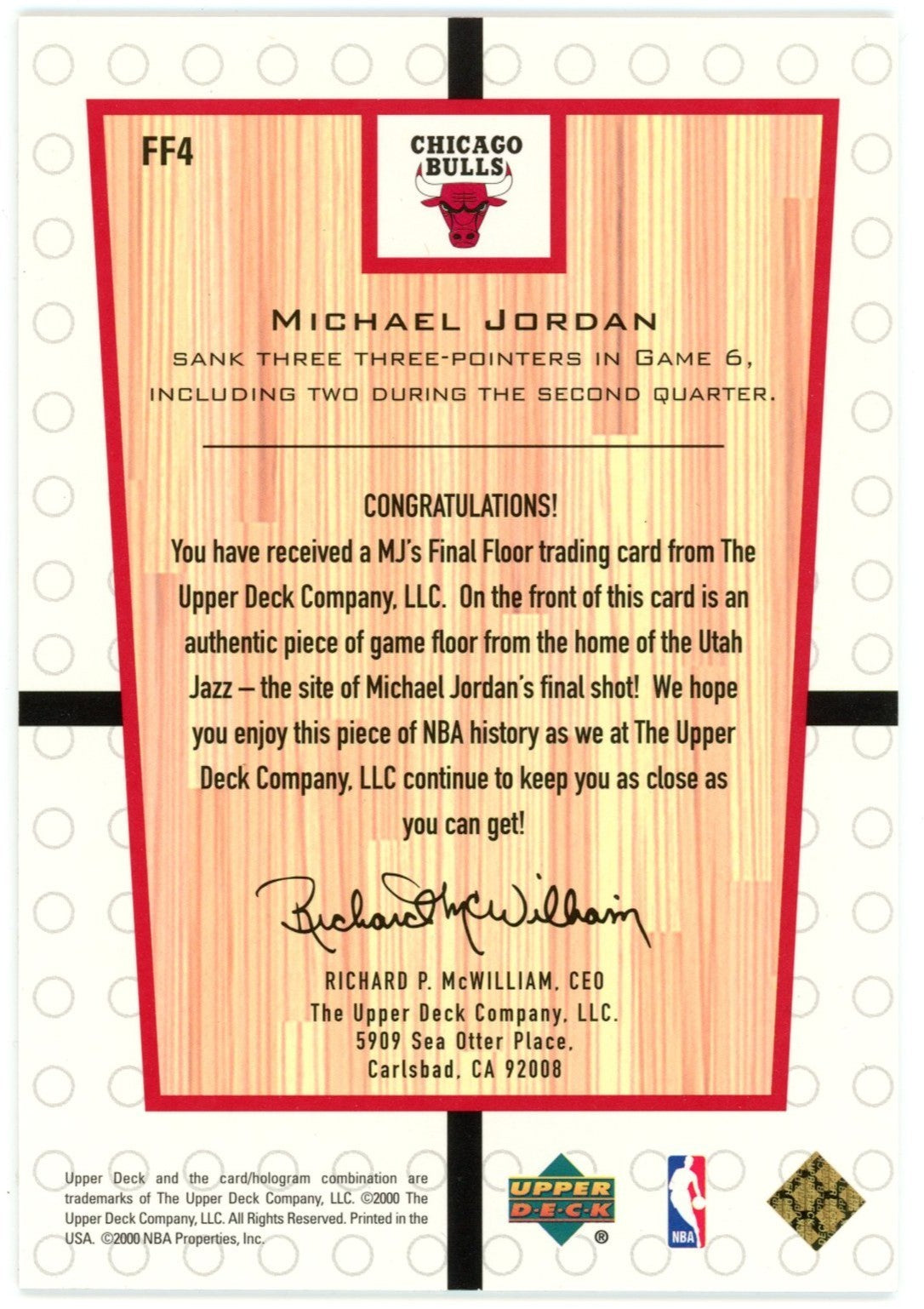 Michael Jordan 2000 Upper Deck Final Floor Game Used 1998 Finals Card.