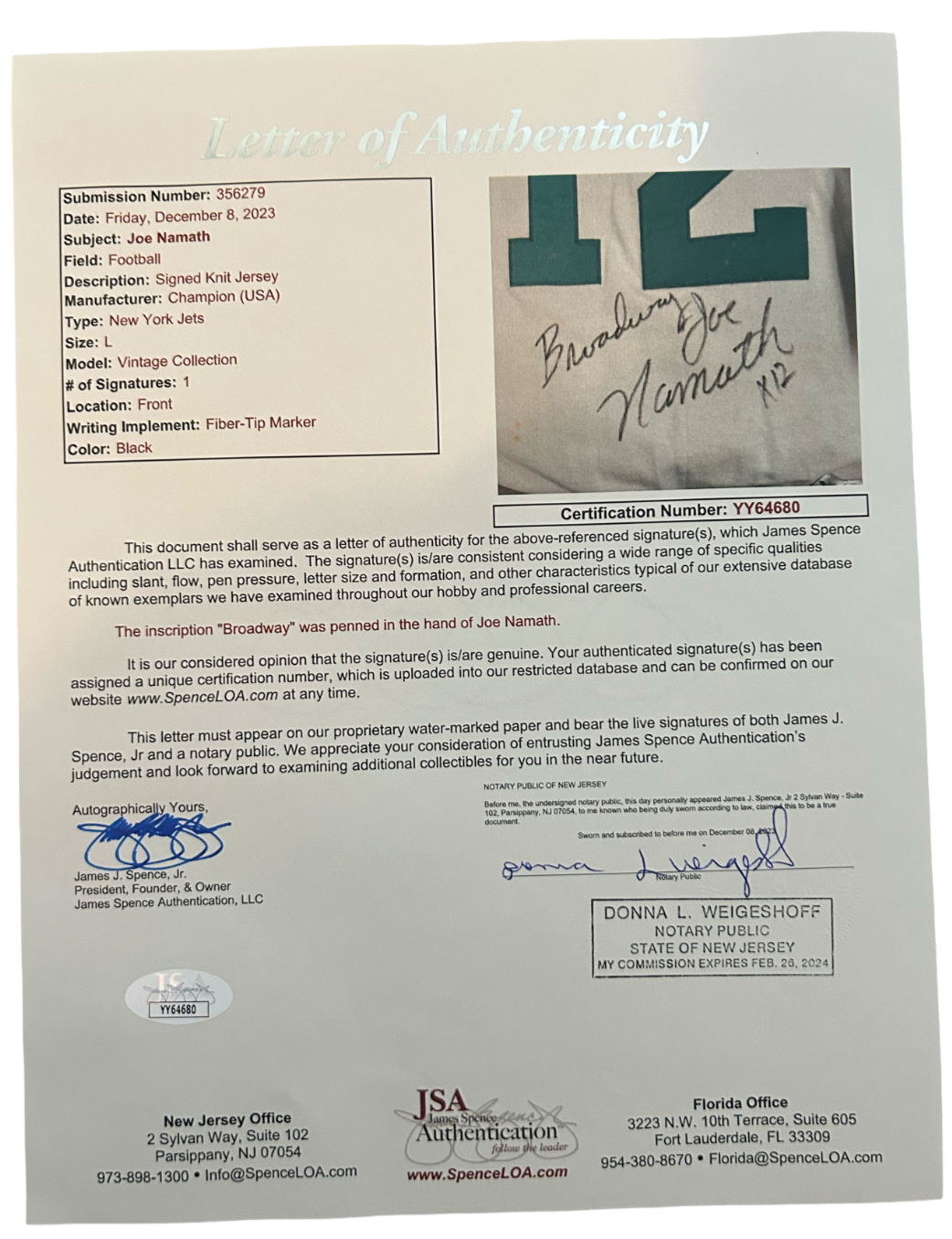 Joe Namath Signed Inscribed Jersey, Champion Long Sleeve Cotton. Large JSA5