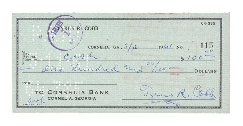 Ty Cobb Signed Check Autograph Display. Auto JSA