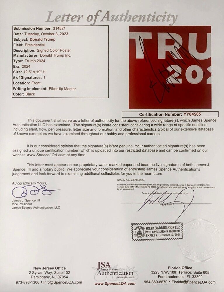 President Donald Trump Signed 2024 Campaign Poster. Presidential Autograph, JSA