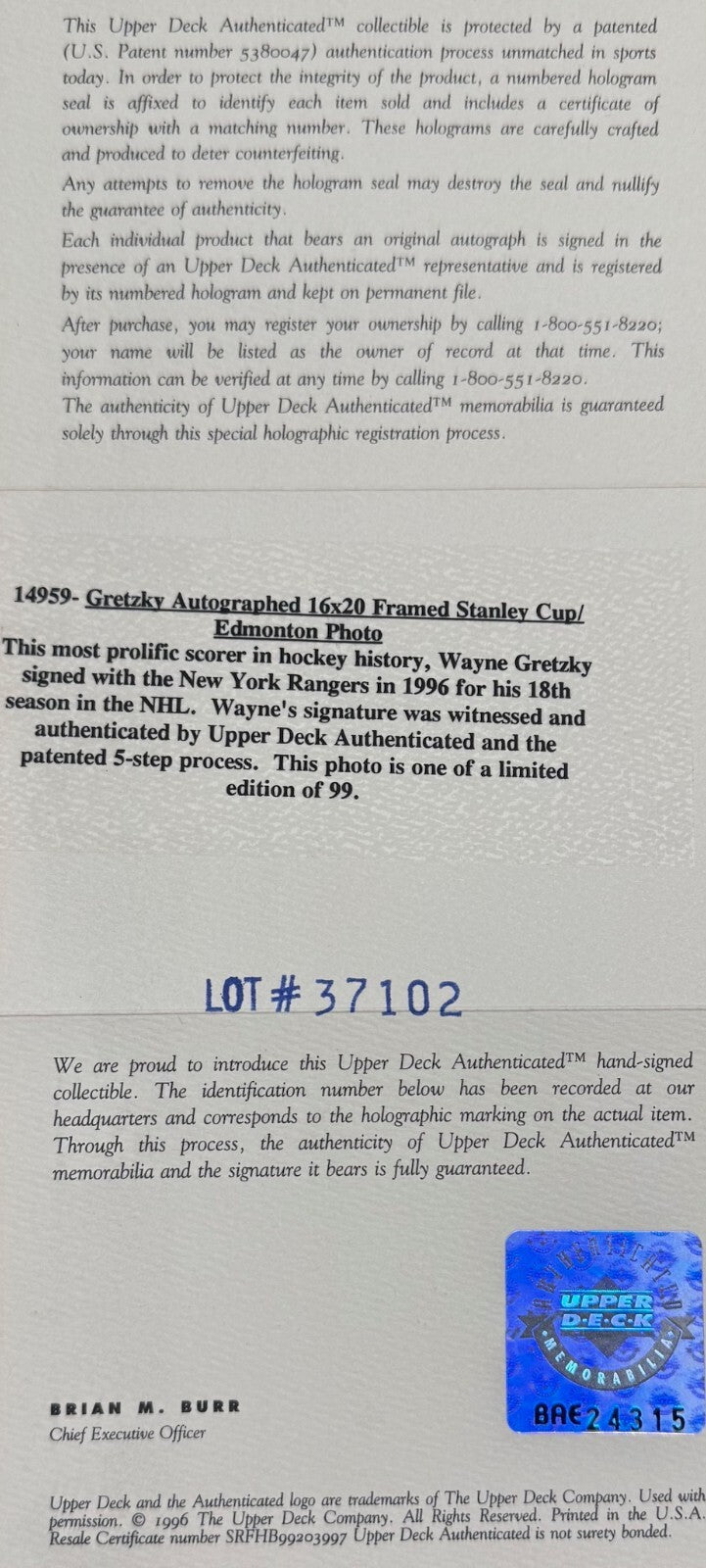 Wayne Gretzky Signed 16x20 Photo, Upper Deck Limited Edition /99. Auto UDA2