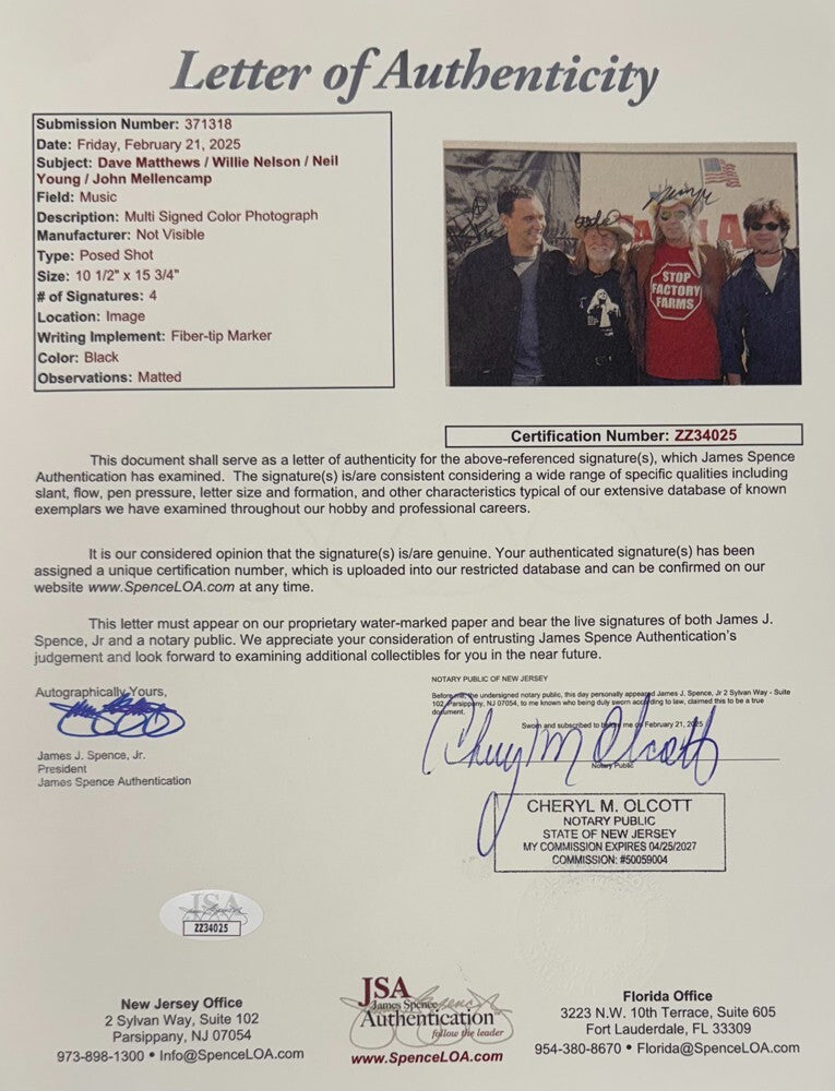 Willie Nelson, Dave Matthews, Neil Young, John Mellencamp Signed Photo. JSA5