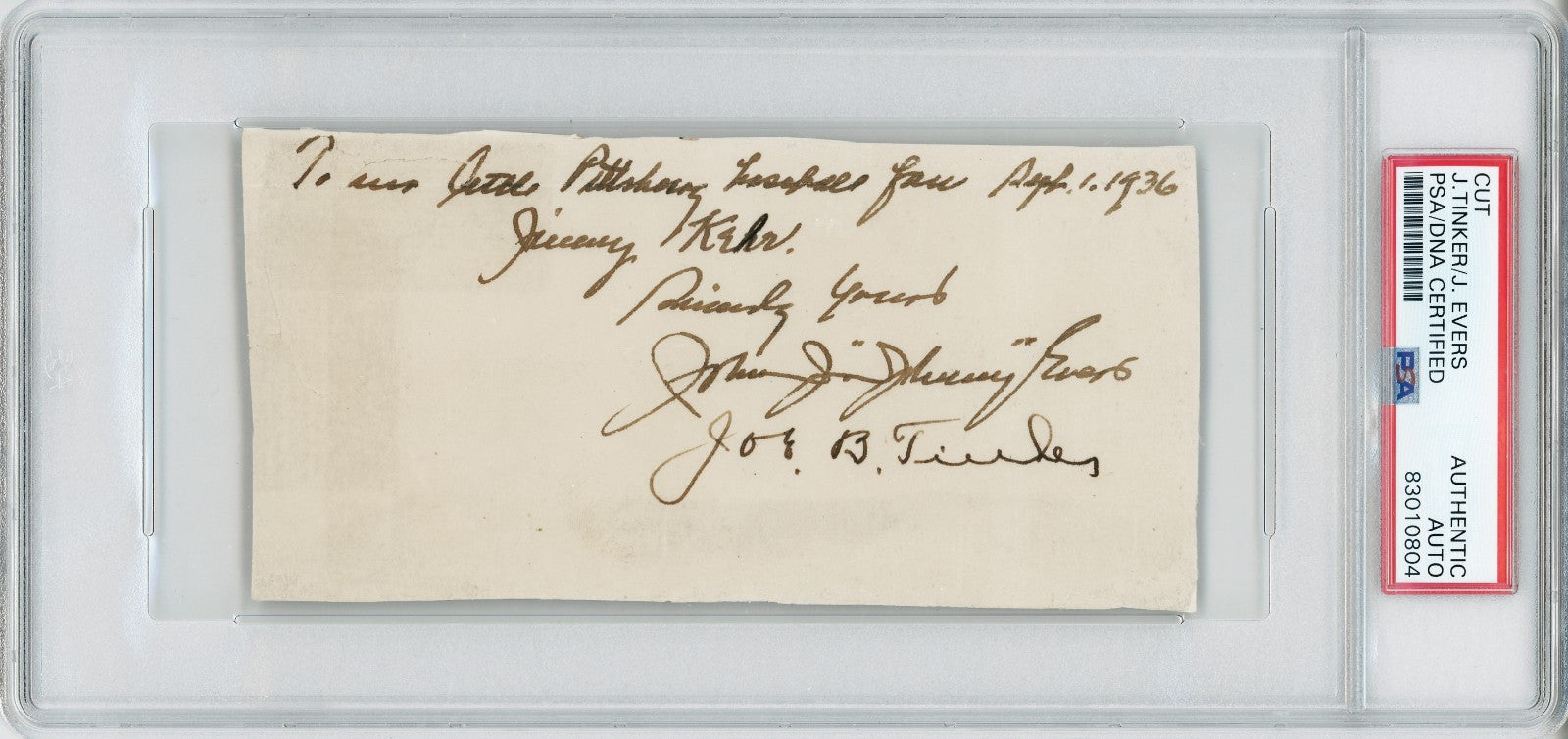 Johnny Evers & Joe Tinker Dual Signed Autograph Note, 1936. PSA1