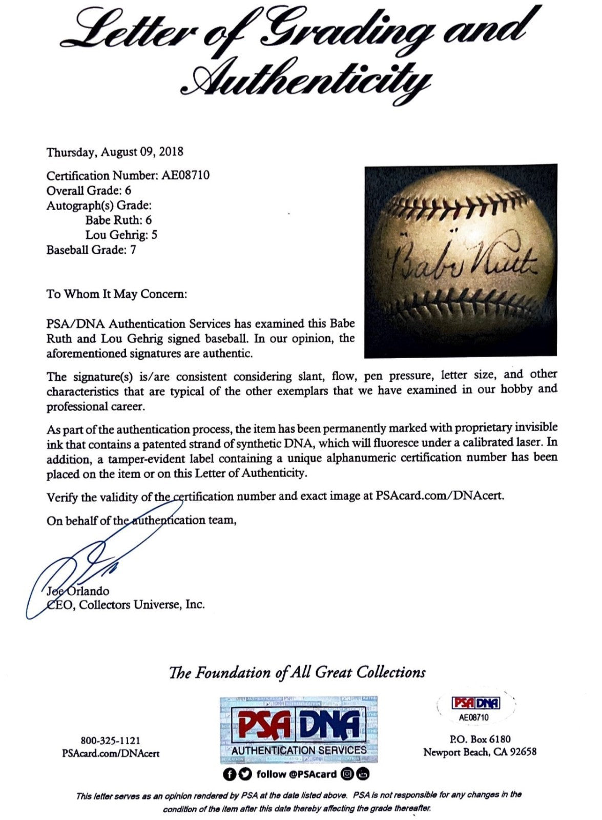 Babe Ruth & Lou Gehrig Dual Signed Official American League Baseball. PSA JSA7