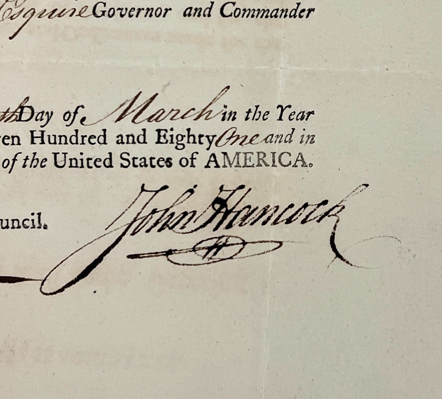 John Hancock Signed Appointment, Massachusetts, 1781. PSA JSA2
