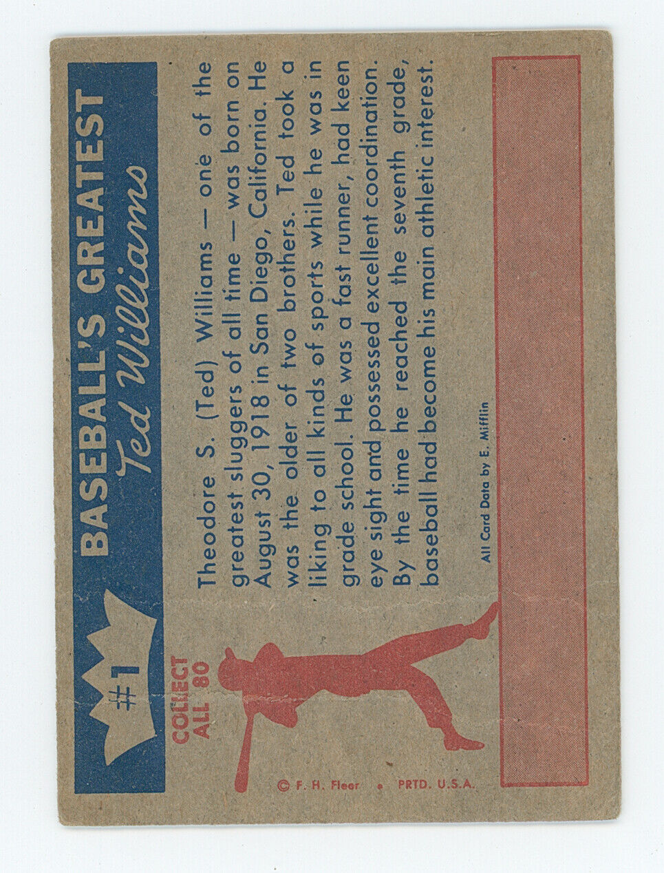 1959 Fleer Ted Williams "The Early Years". HOF Boston Red Sox.