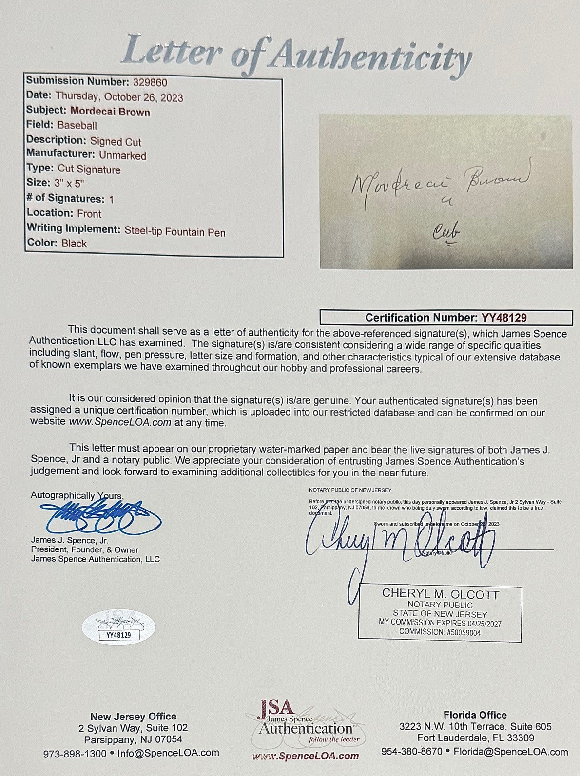 Rare Mordecai Brown Signed Autograph. Auto Grade PSA Mint 93