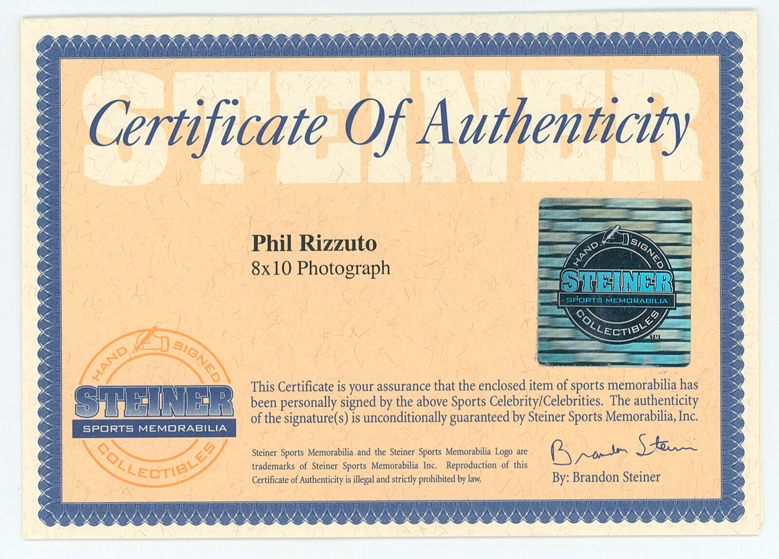 Phil Rizzuto Signed Inscribed 8x10 Photo. Holy Cow . Steiner