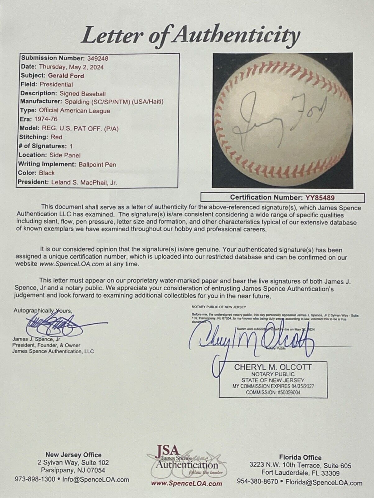 President Gerald Ford Vintage Signed Baseball. JSA