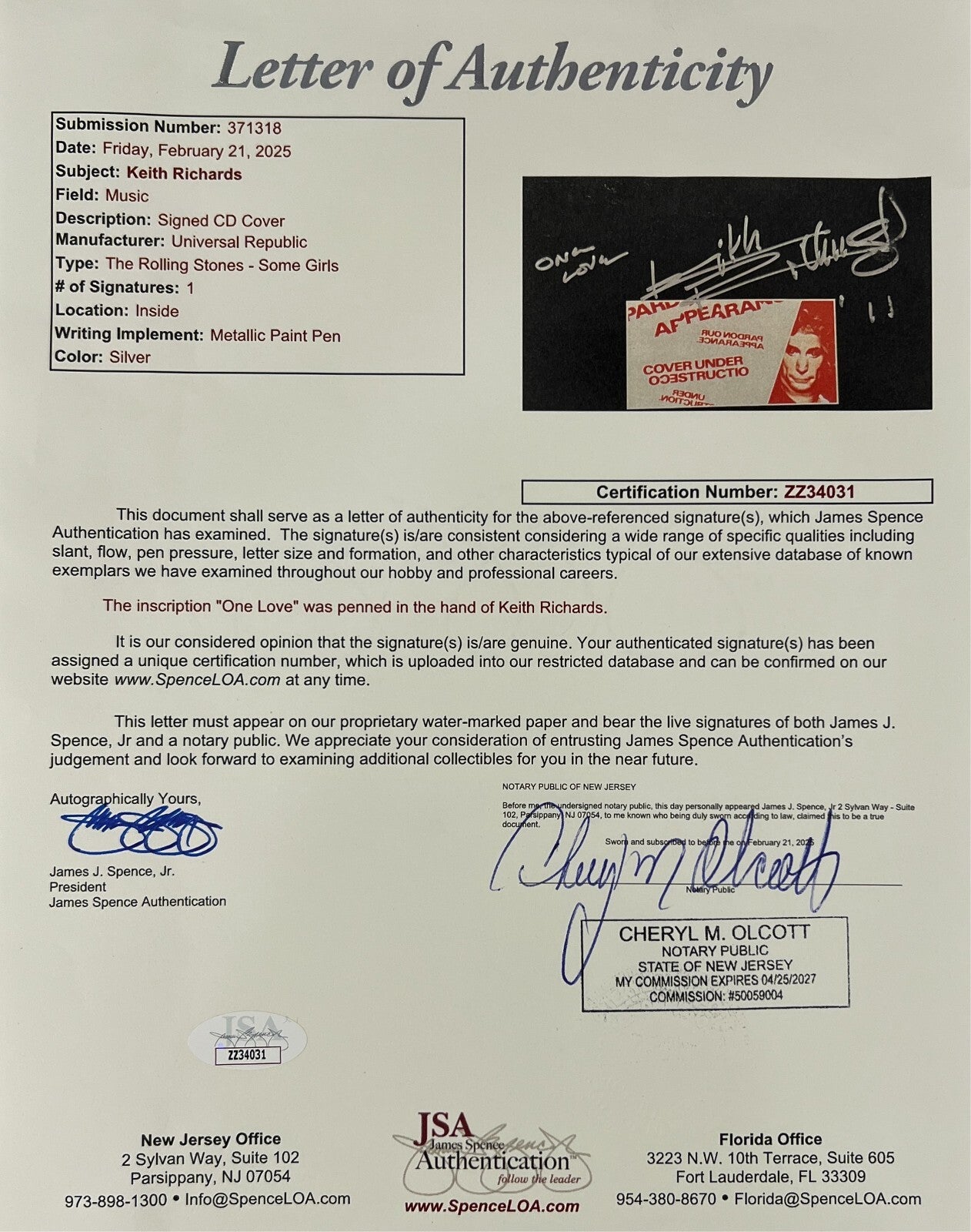 Keith Richards Signed & "One Love" Inscribed Rolling Stones "Some Girls" CD. JSA5
