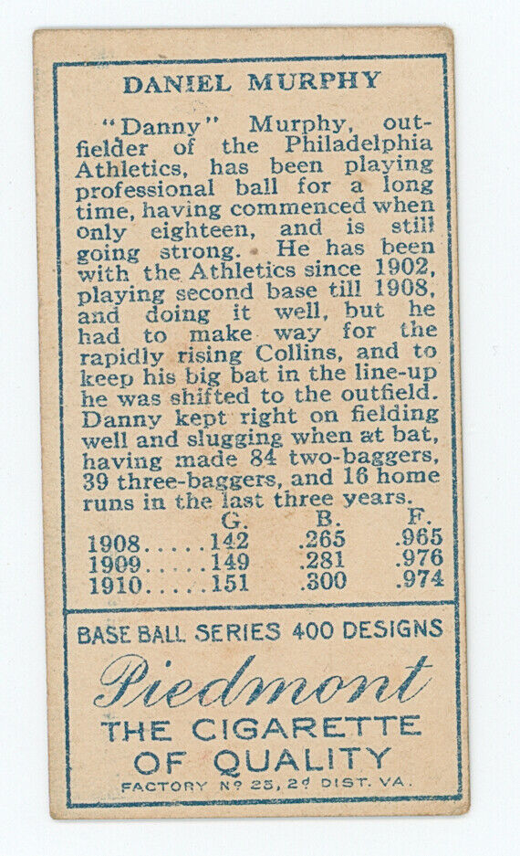 1911 T-205 Daniel Murphy Philadelphia Athletics. Piedmont.