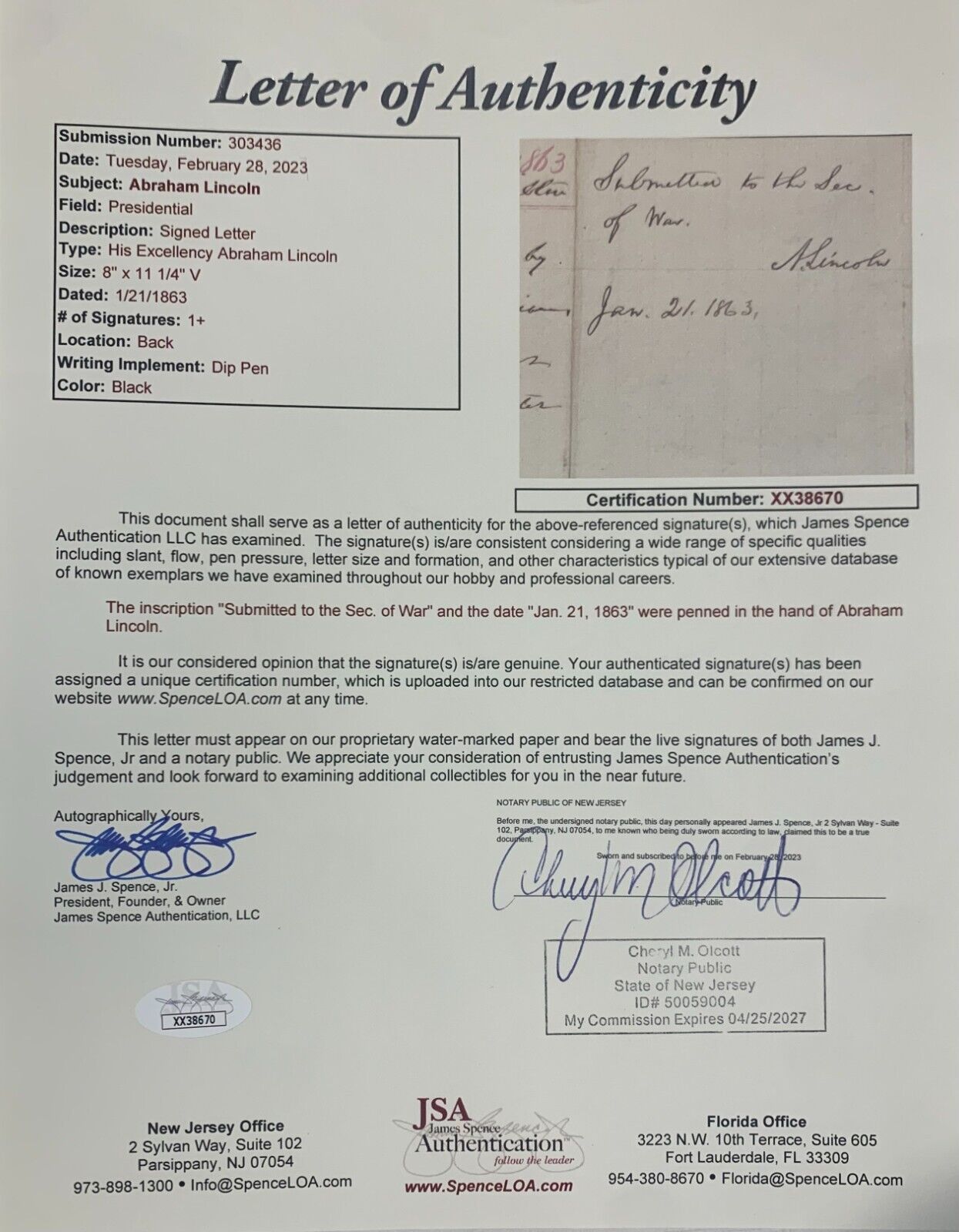 Abraham Lincoln Signed 1863 Recommendation, US Medical Inspector General . JSA