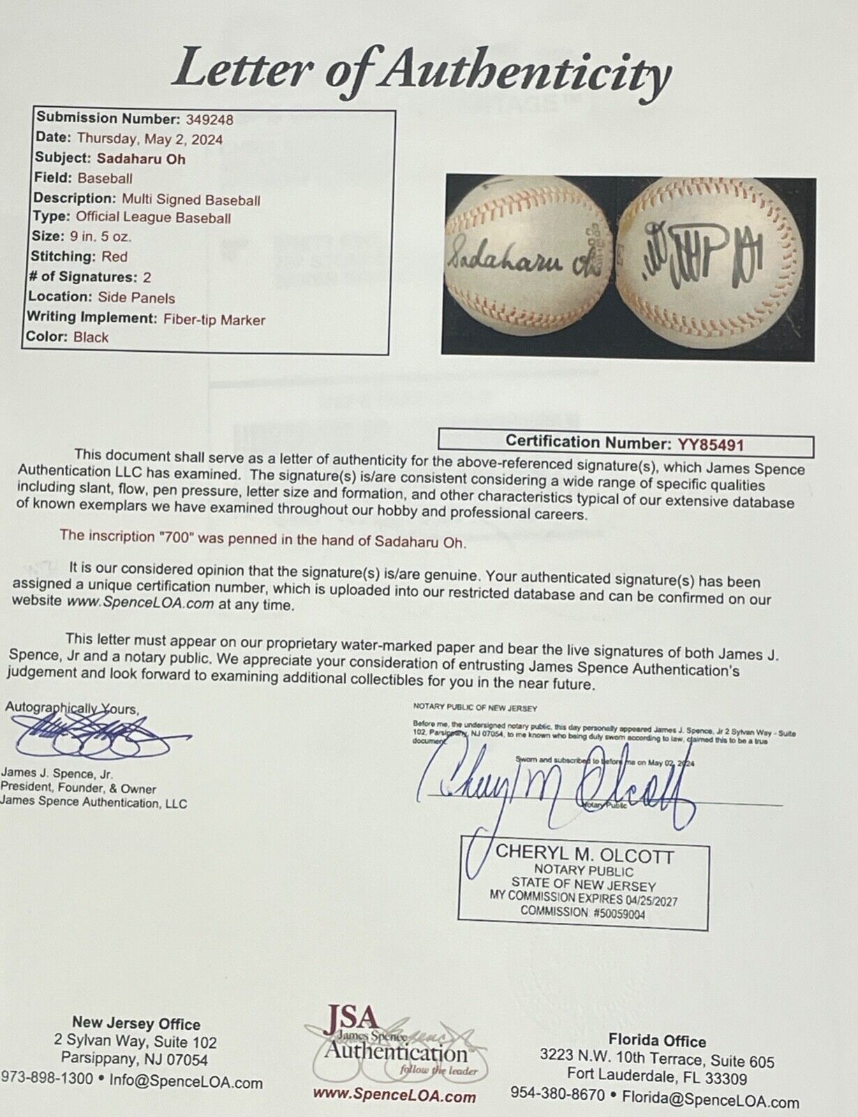 1976 Sadaharu Oh Signed Baseball Inscribed 700 HR English and Japanese. JSA