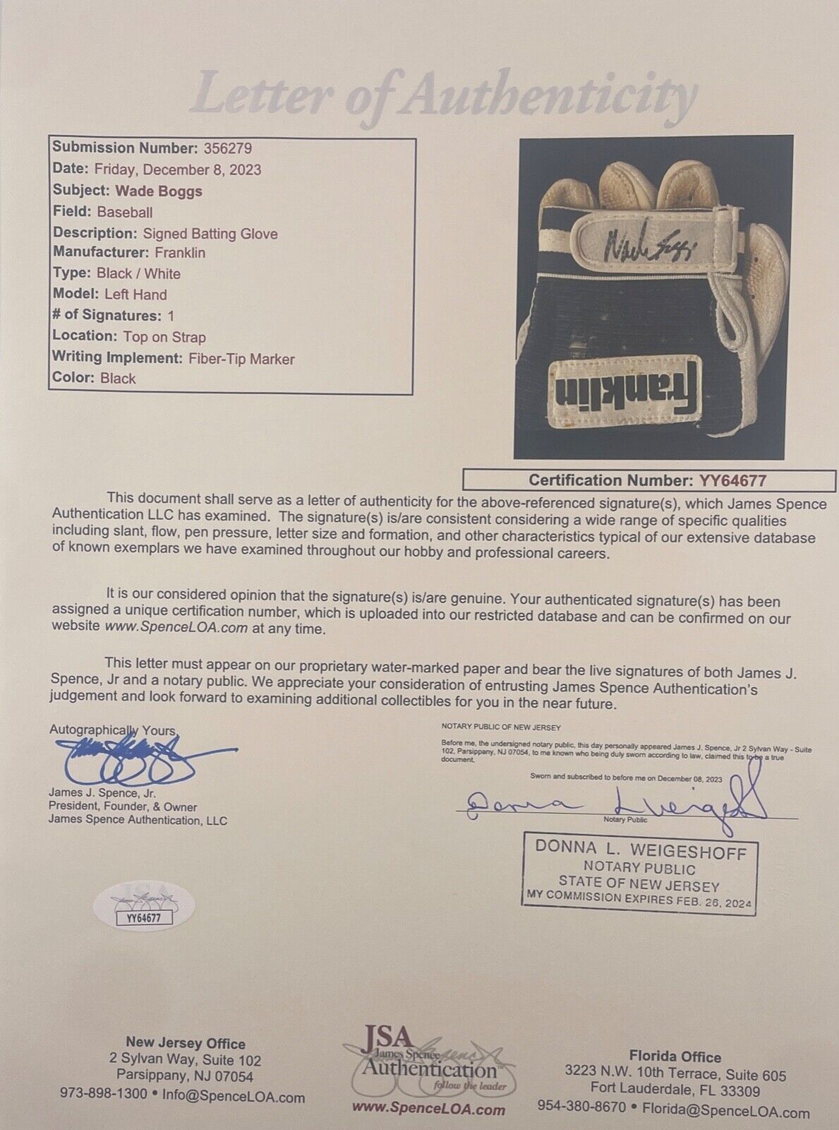 Wade Boggs Game Used Signed Batting Gloves. JSA