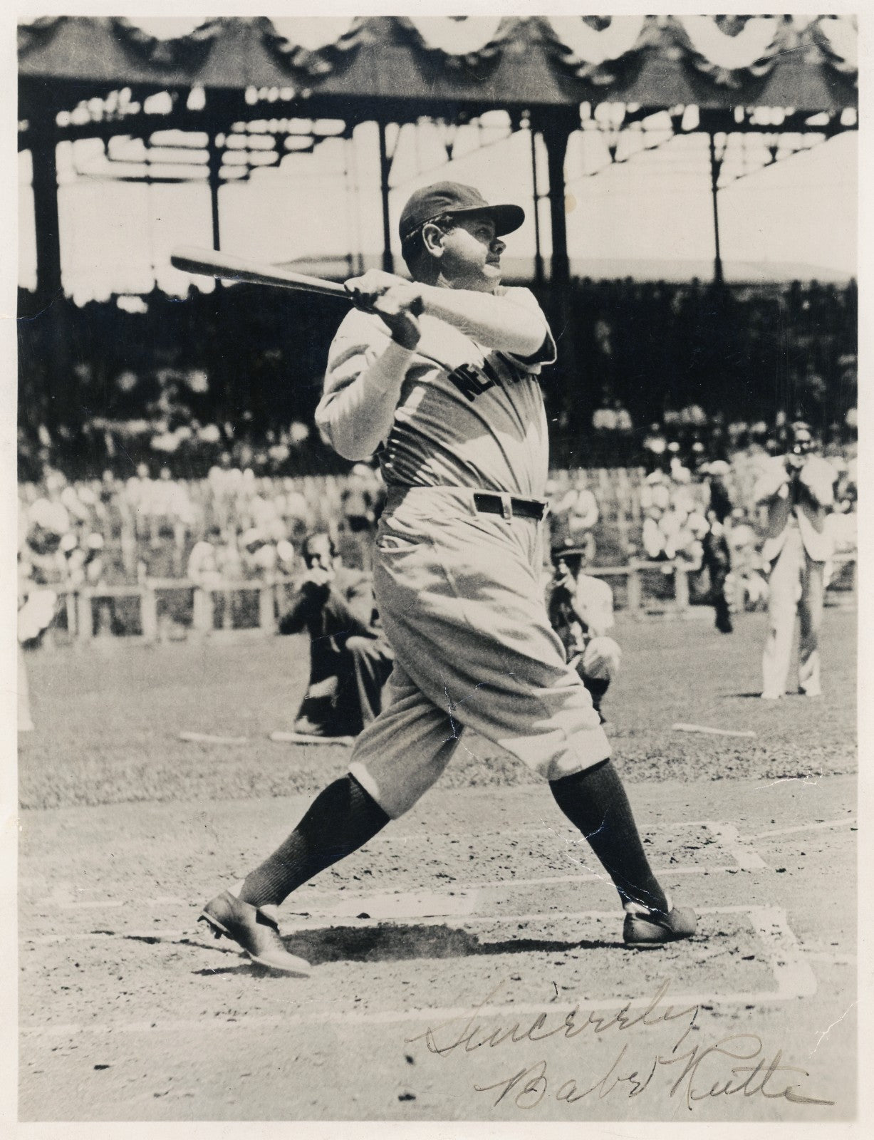 1934 Babe Ruth Signed Photograph, In-Action Homerun Swing. PSA2