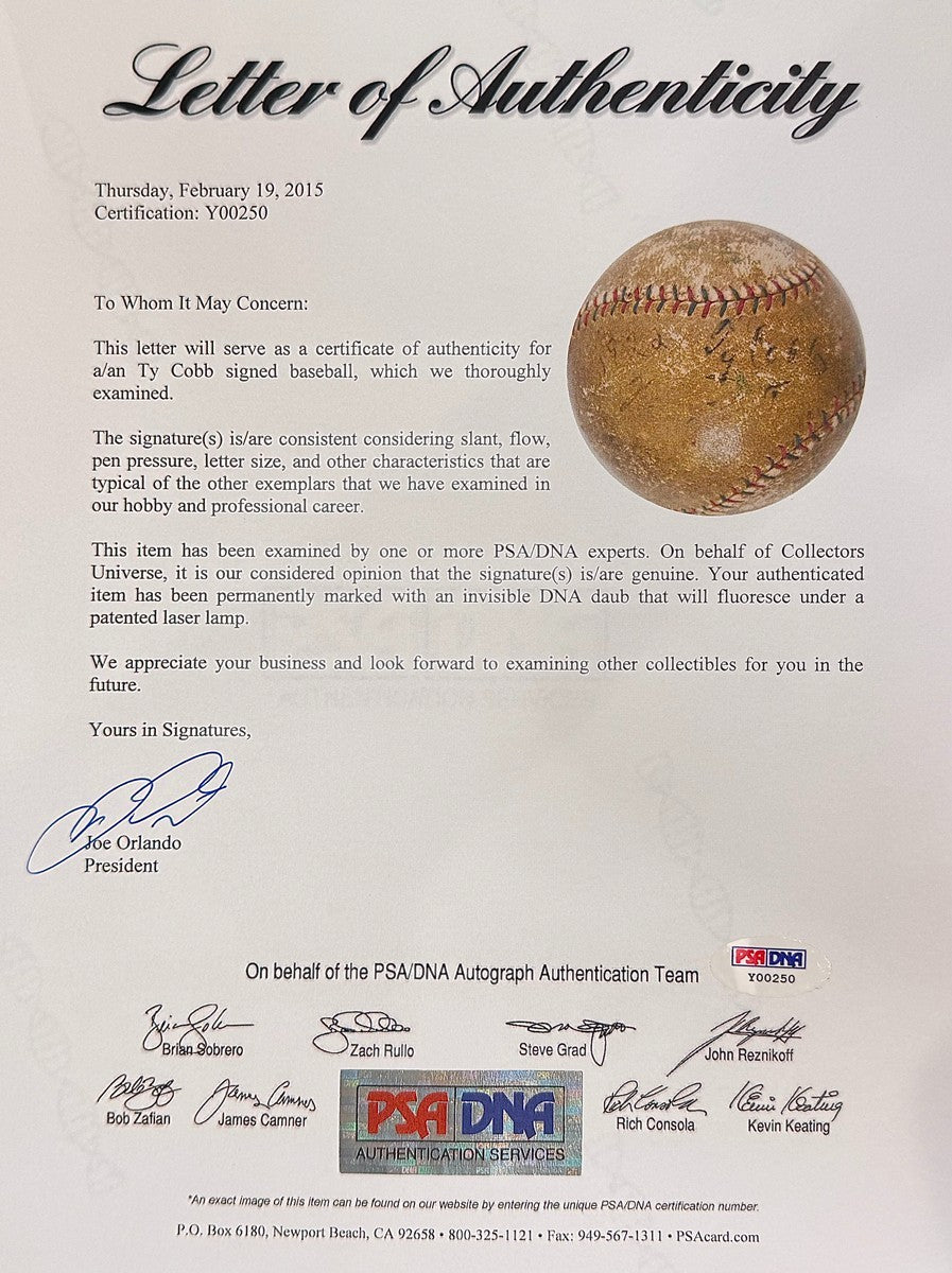 Rare Ty Cobb Single Signed & Inscribed Baseball, 1922 Playing Days. Auto PSA9