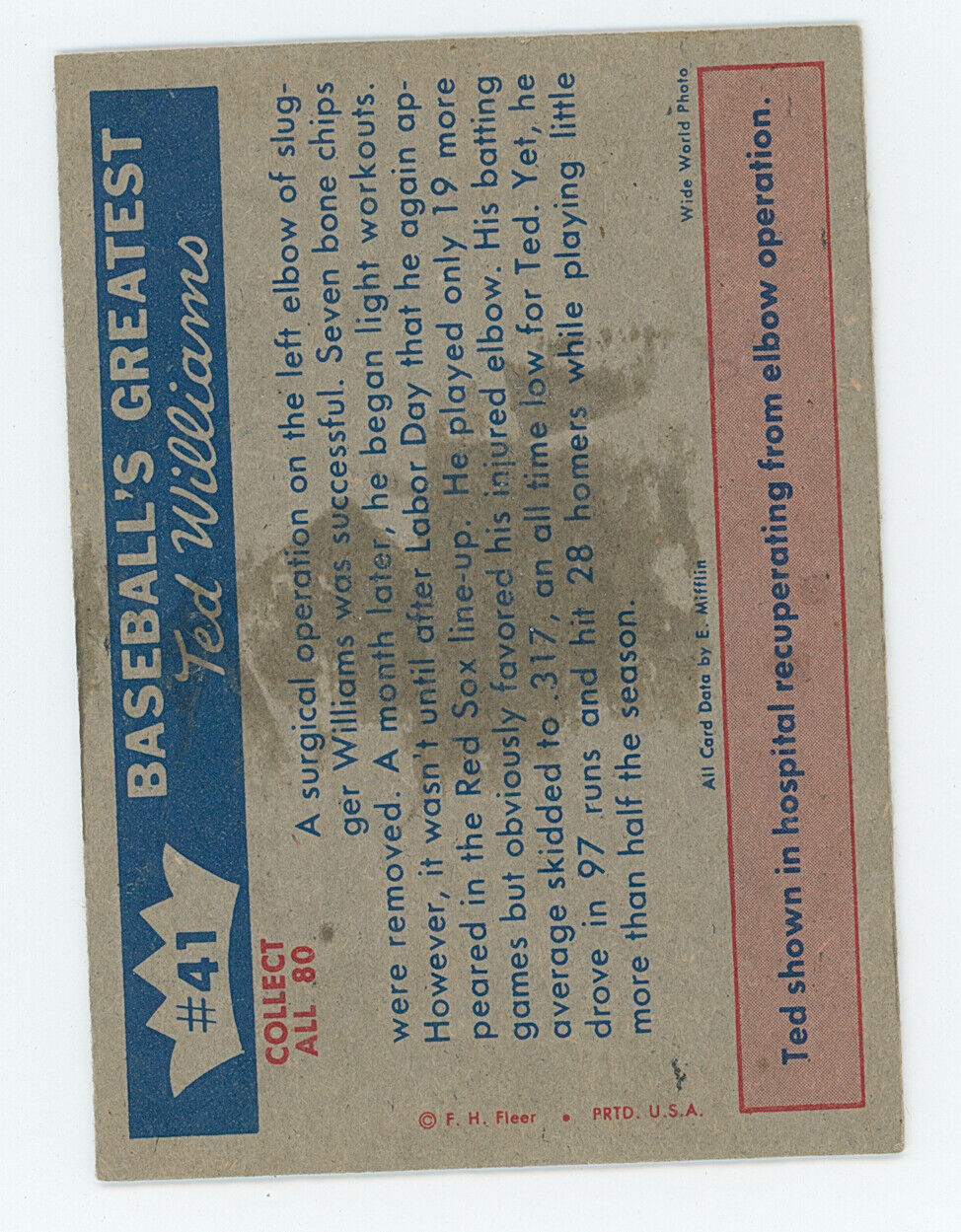 1959 Fleer Ted Williams "Ted Recovers". HOF Boston Red Sox.