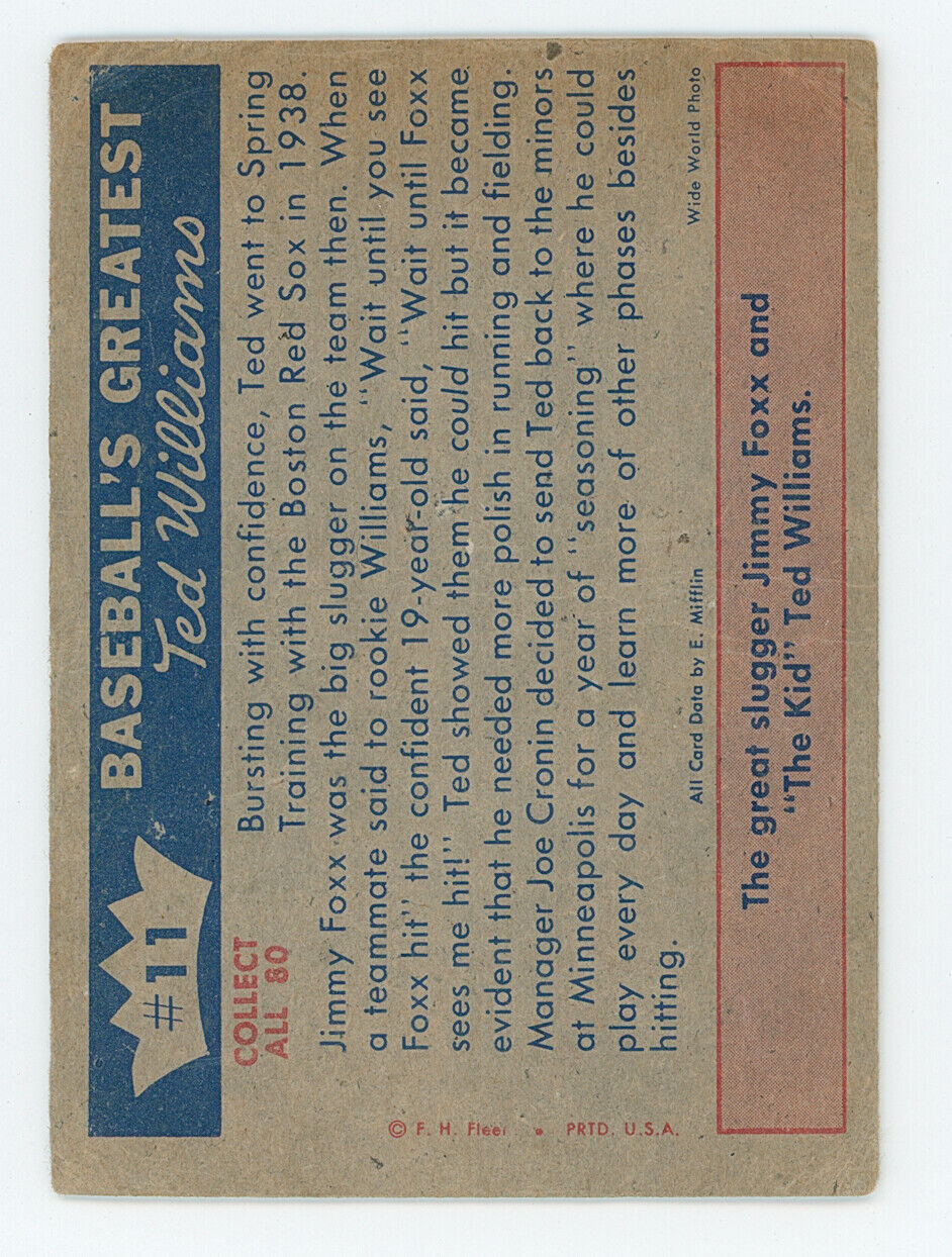 1959 Fleer Ted Williams "First Spring Training". HOF Boston Red Sox.