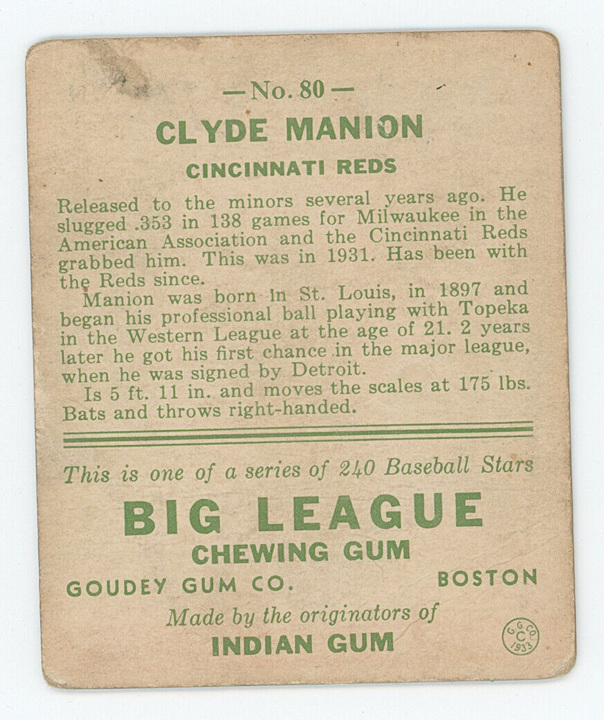1933 Goudey Clyde Manion. Cincinnati Reds.