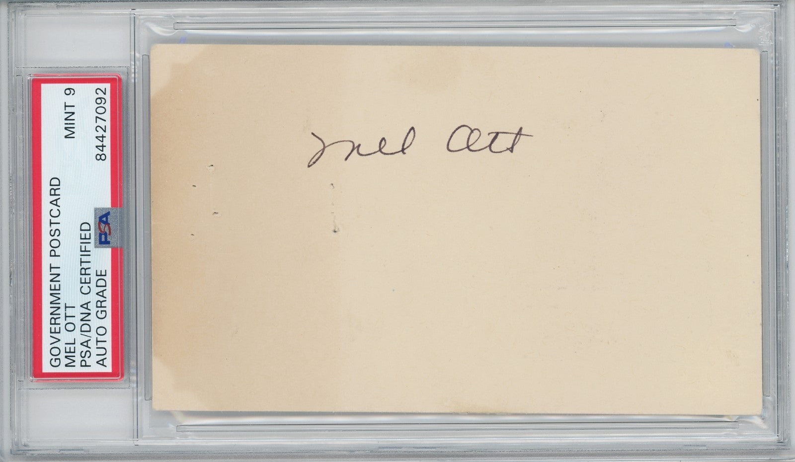 1948 Mel Ott Signed Government Postcard, Mint. PSA 91