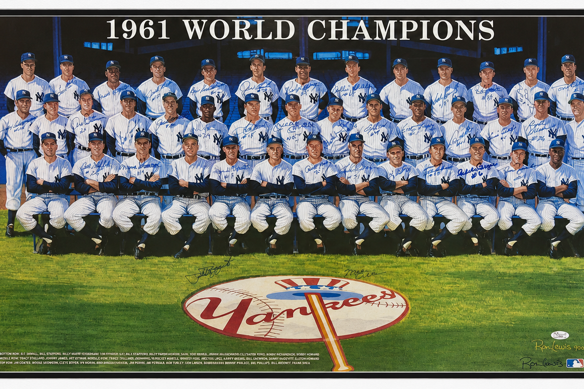 Mickey Mantle & 1961 NY Yankees Multi Signed Ron Lewis Lithograph. Auto JSA0