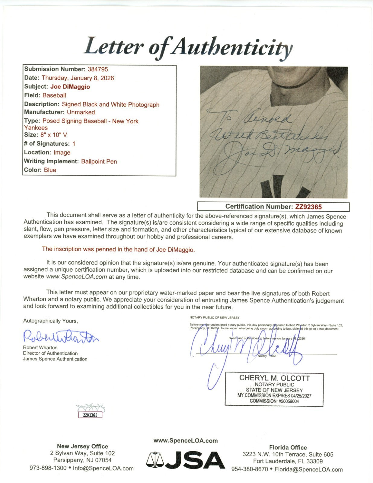 Joe DiMaggio Signed Photo JSA1