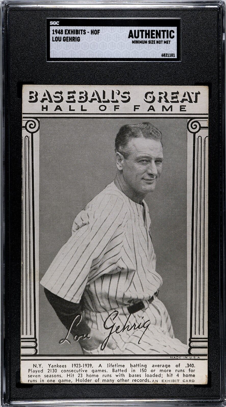 1948 Exhibits Hall of Fame Lou Gehrig Card. SGC Authentic