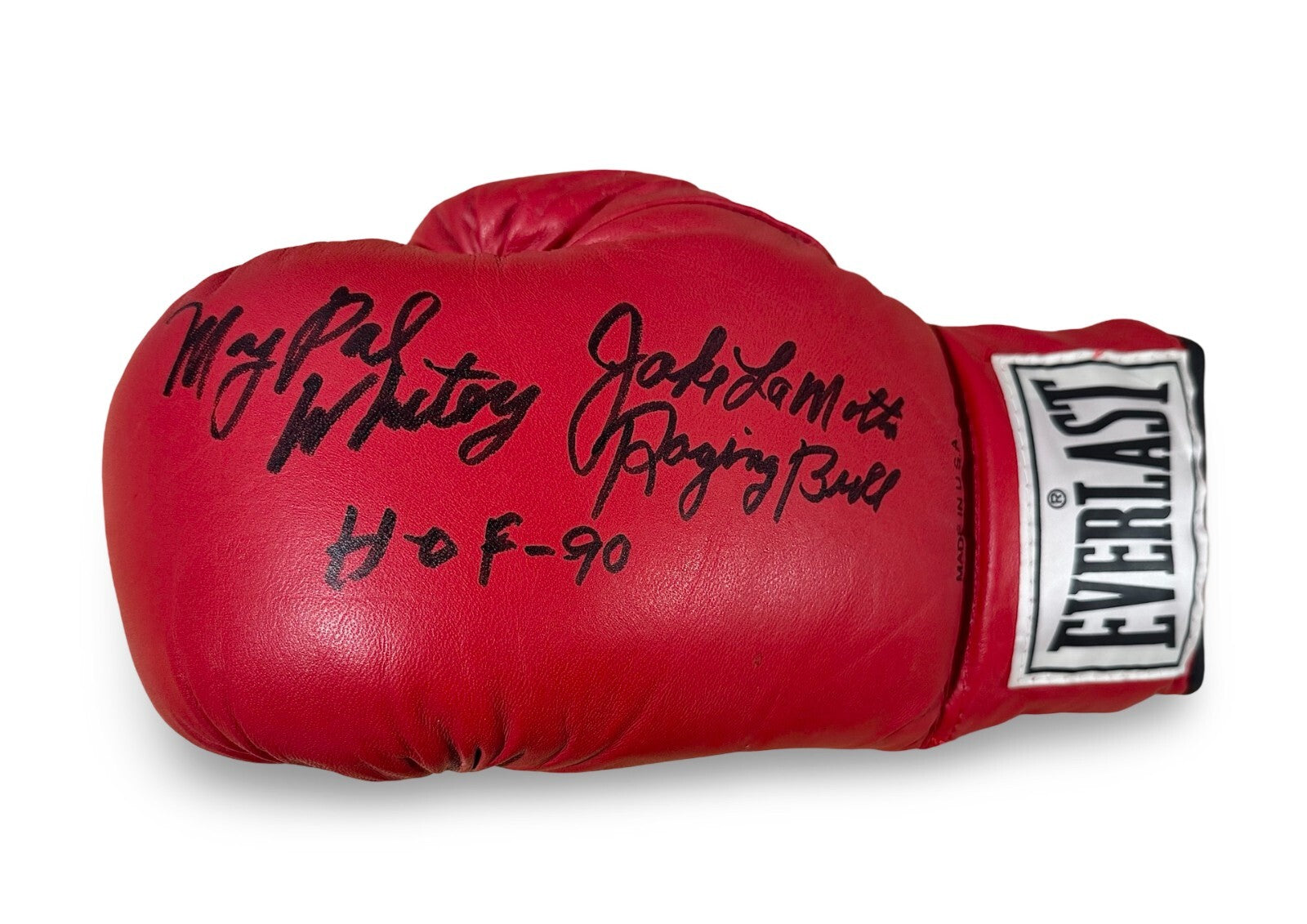 Jake LaMotta Signed & Inscribed Boxing Glove to Whitey Ford, Ford Estate. JSA1