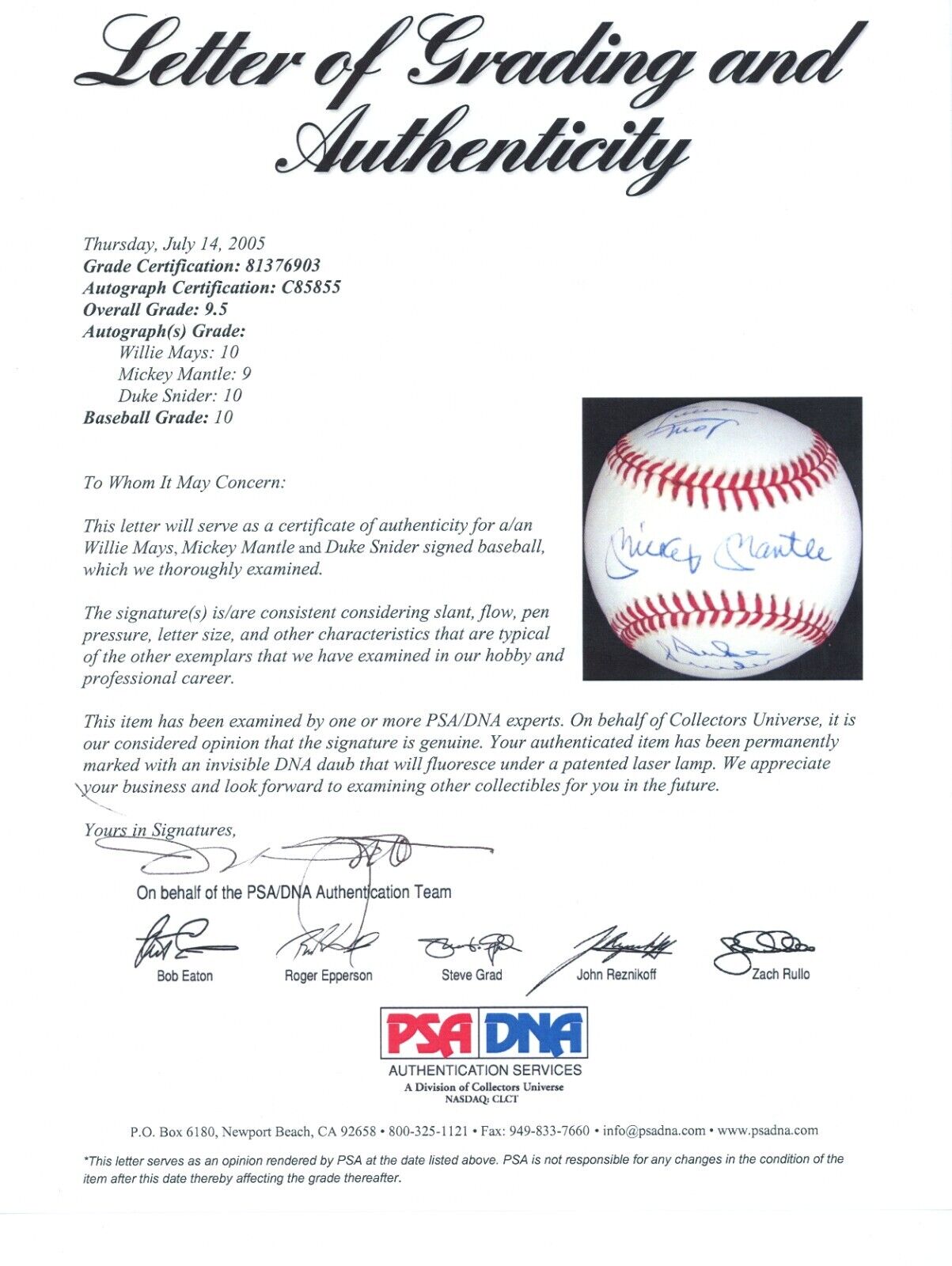 Mickey Mantle, Willie Mays & Duke Snider Signed Baseball. High Grade. PSA 9.5