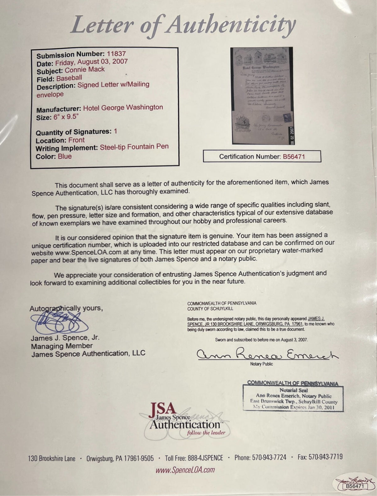 Connie Mack Handwritten Letter with Full Autograph. PSA JSA7