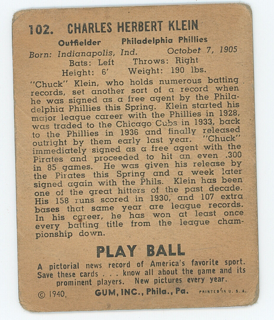 1940 Playball Chuck Klein .