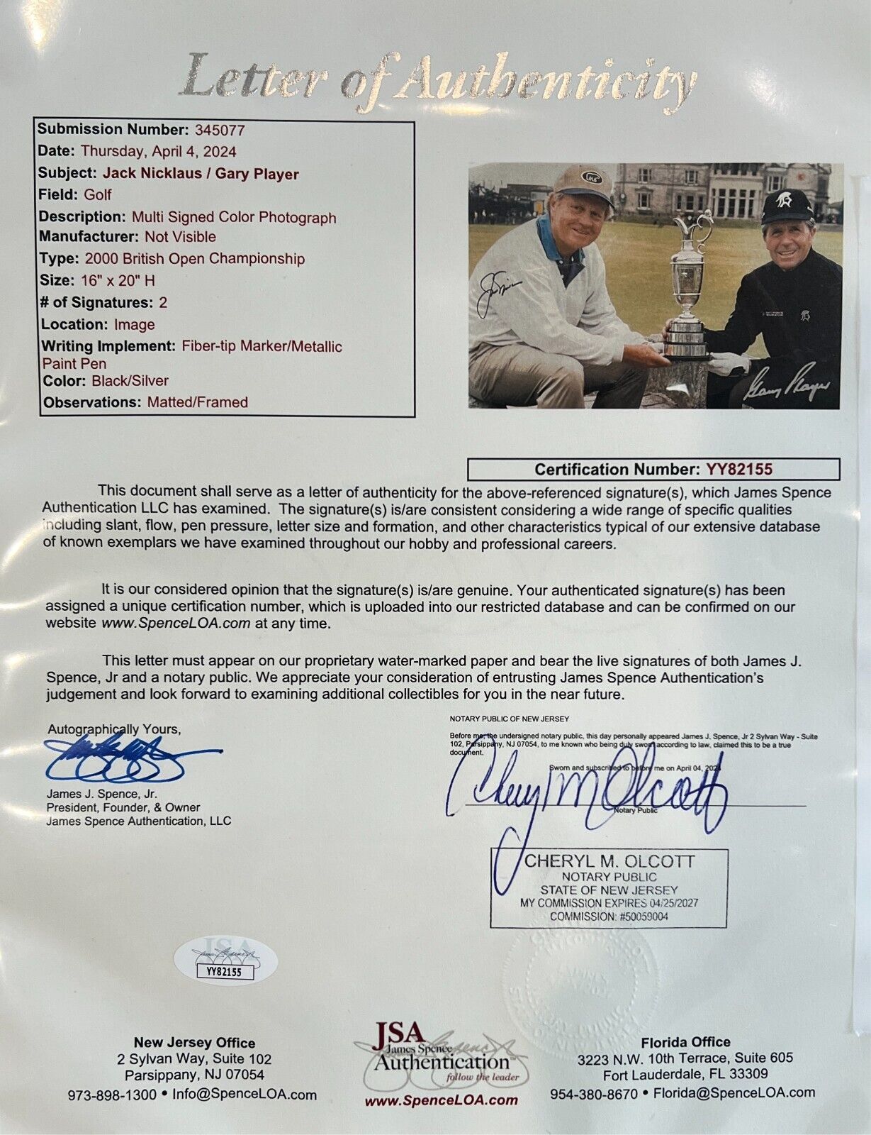 Jack Nicklaus & Gary Player Signed & Framed Photo. 2000 British Open. JSA