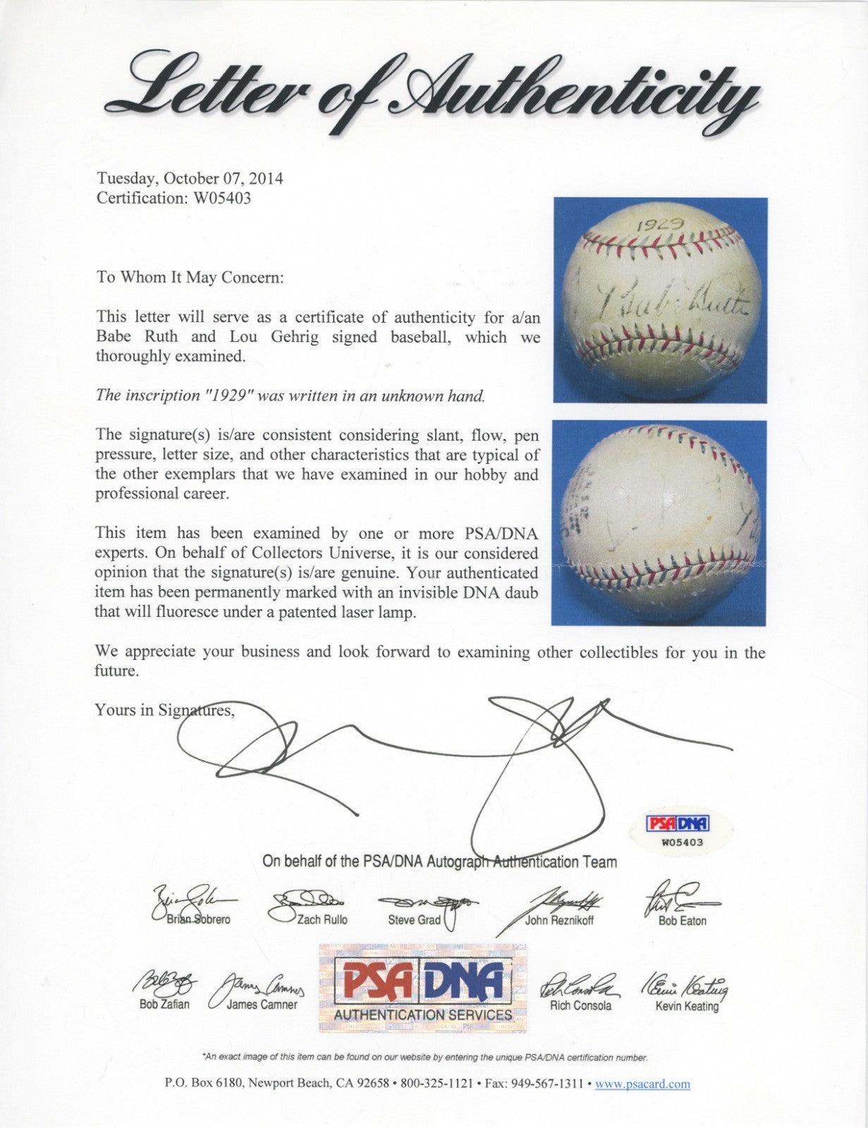 Babe Ruth & Lou Gehrig Dual Signed Baseball. 1929 New York Yankees. PSA/DNA7
