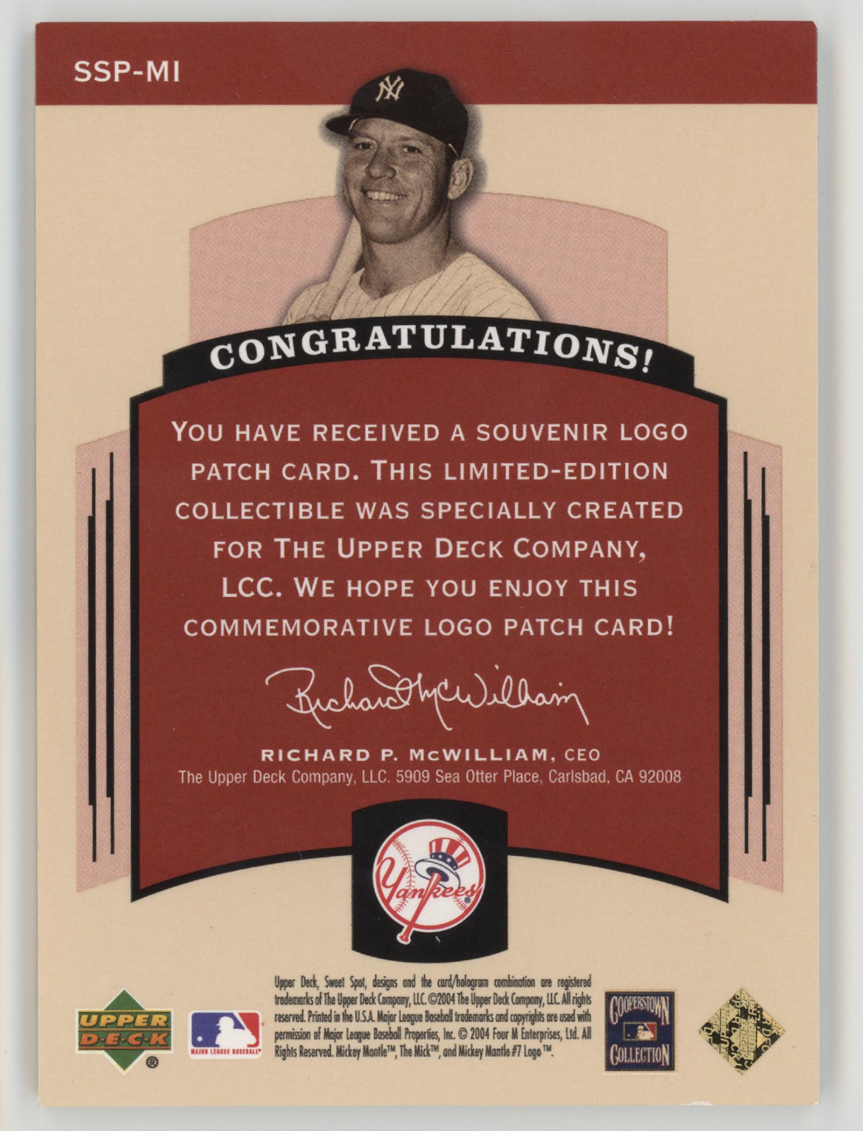 Mickey Mantle 2004 Upper Deck Sweet Spot Patch. SSP-MI, 145/200. NY Yankees1