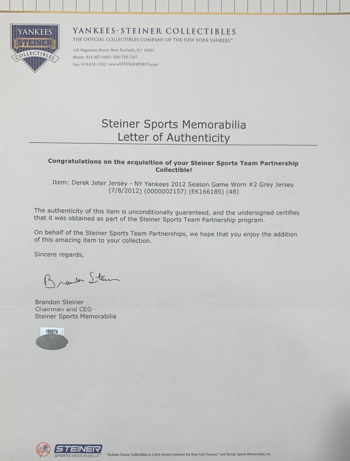 Derek Jeter 2012 Game Used Worn Signed Jersey 3 Hits. Photo Matched PM&G Steiner