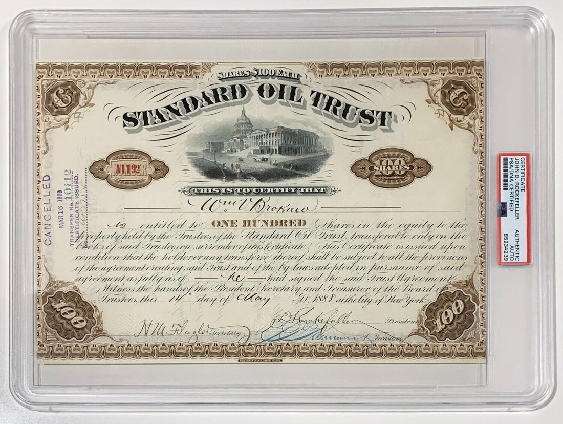 John D Rockefeller Signed Stock Certificate, 1888 Standard Oil. PSA