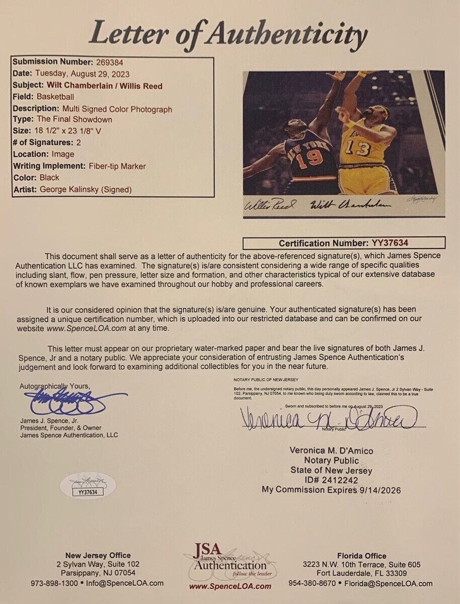 Willis Reed &amp; Wilt Chamberlain Signed Photo, 1970 NBA Finals Knicks Lakers. JSA