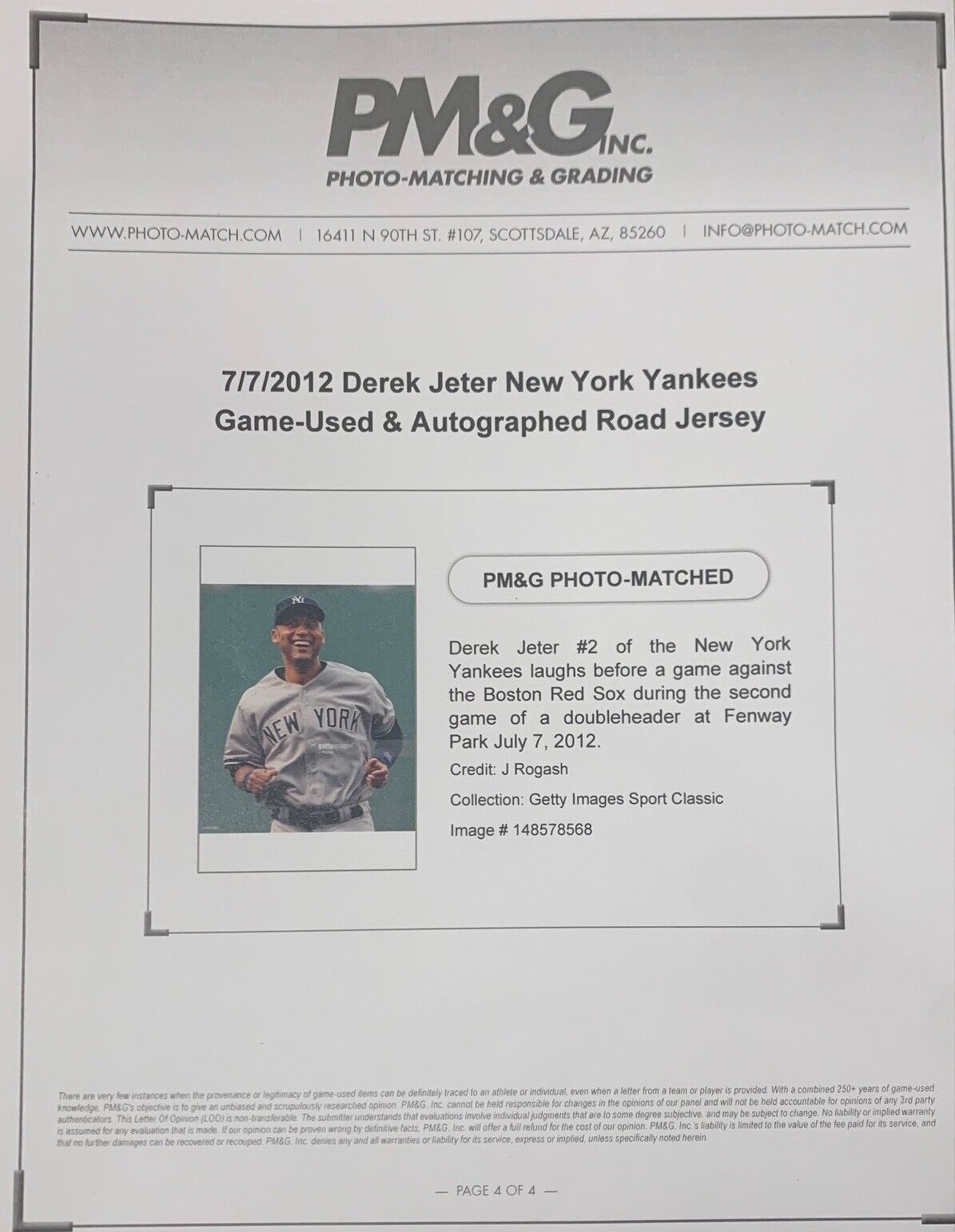 Derek Jeter 2012 Game Used Worn Signed Jersey 3 Hits. Photo Matched PM&G Steiner