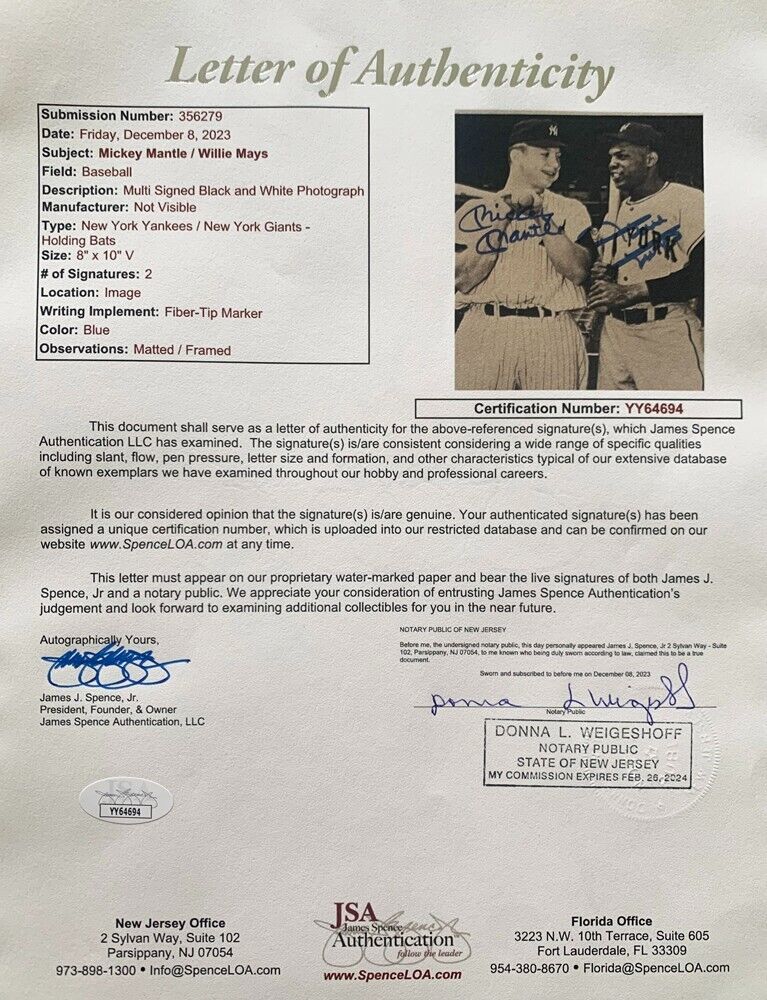 Mickey Mantle and Willie Mays Dual Signed 8x10 Photo. Auto JSA