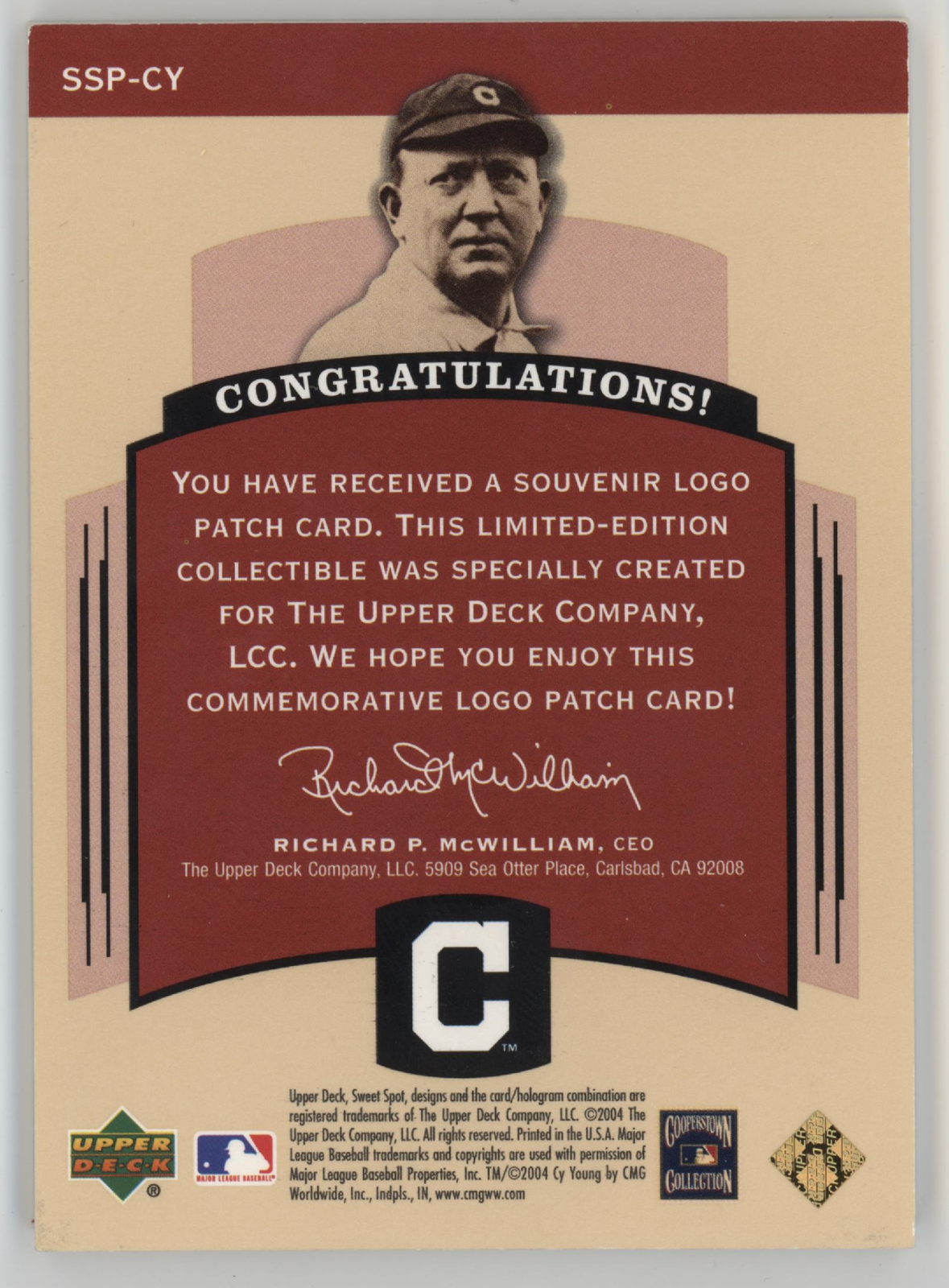 Cy Young 2004 Upper Deck Sweet Spot Patch. SSP-CY, 198/300. Cleveland Guardians1