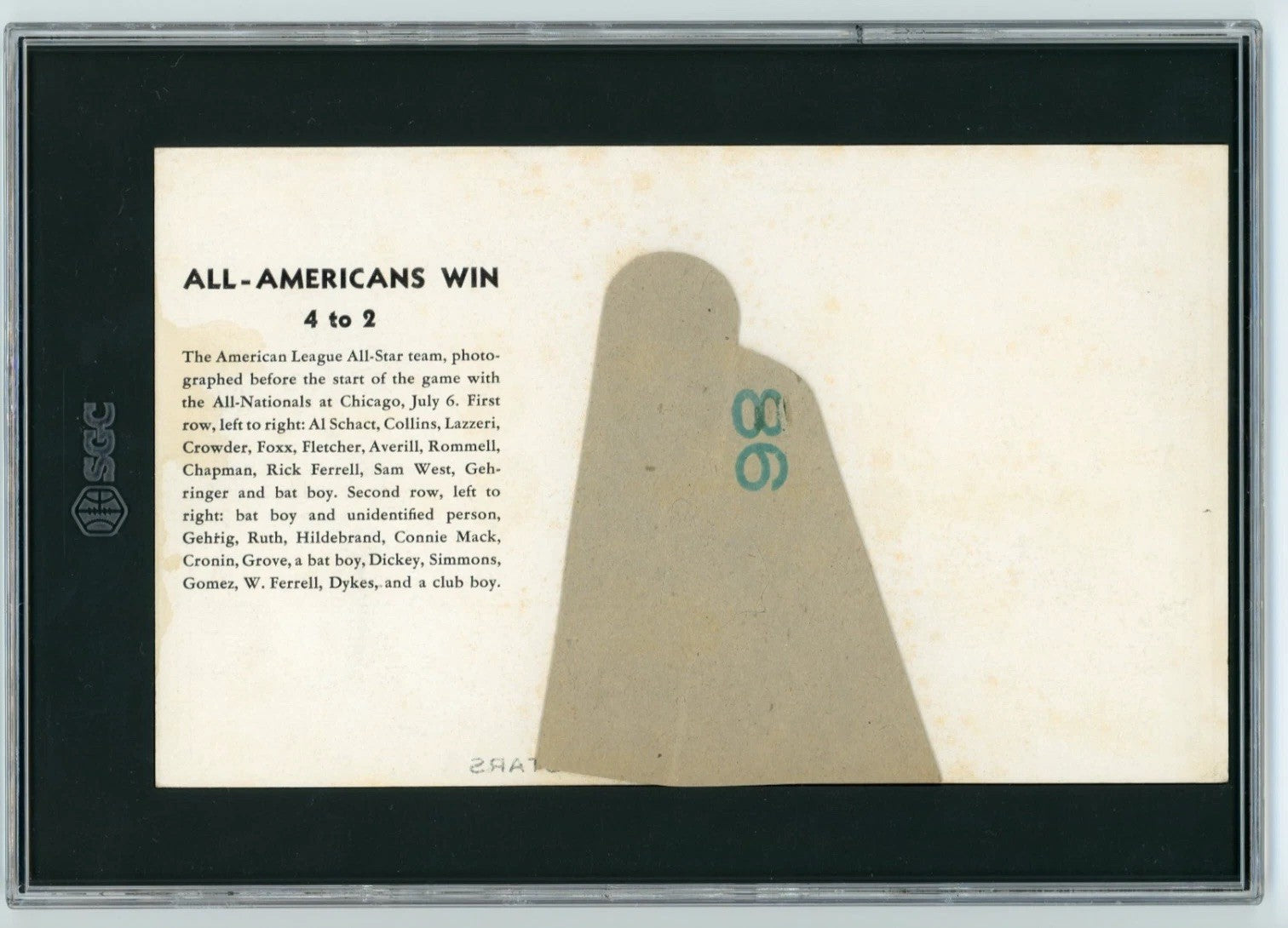 1934 Goudey Premium R309-1 AL All Stars. Ruth, Gehrig, Mack, Foxx, Collins SGC 21