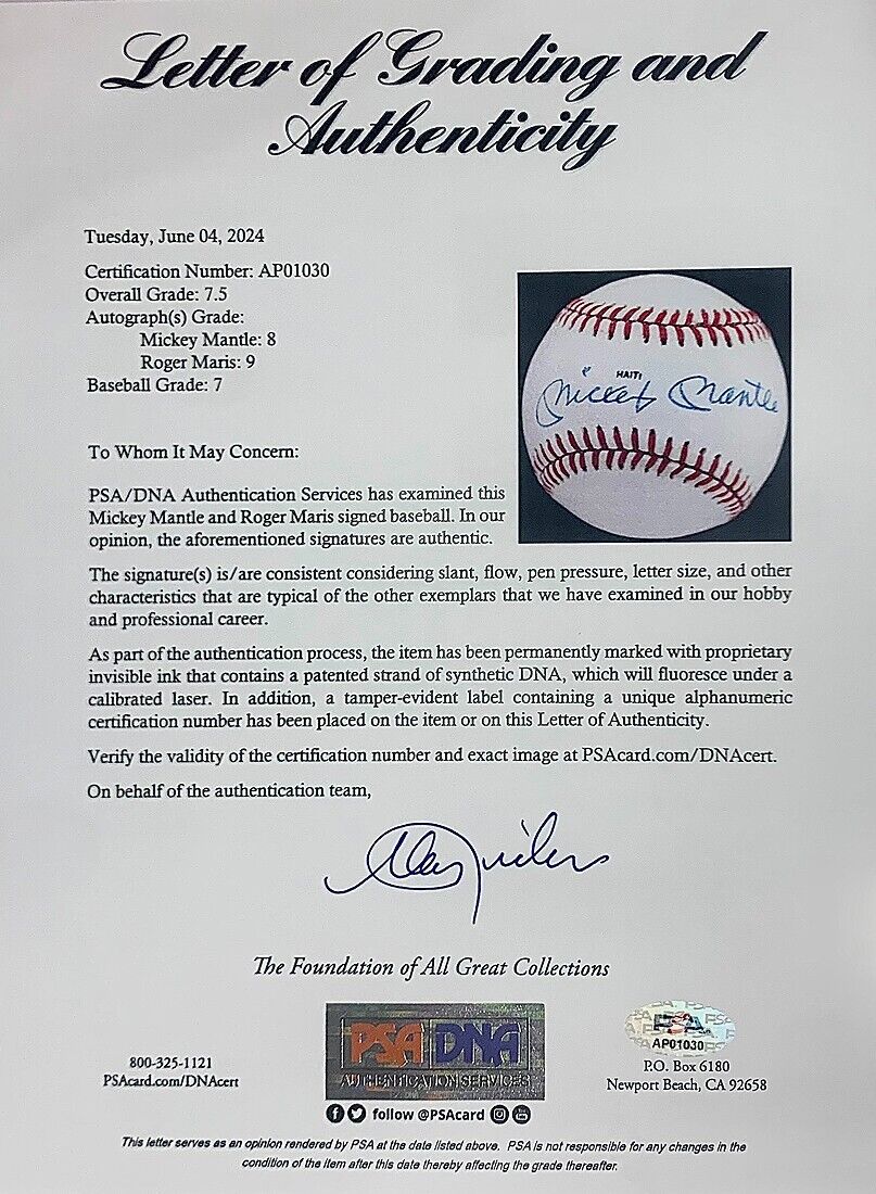 Mickey Mantle & Roger Maris Dual Signed Baseball. Auto Grade PSA 8, Mint 9.