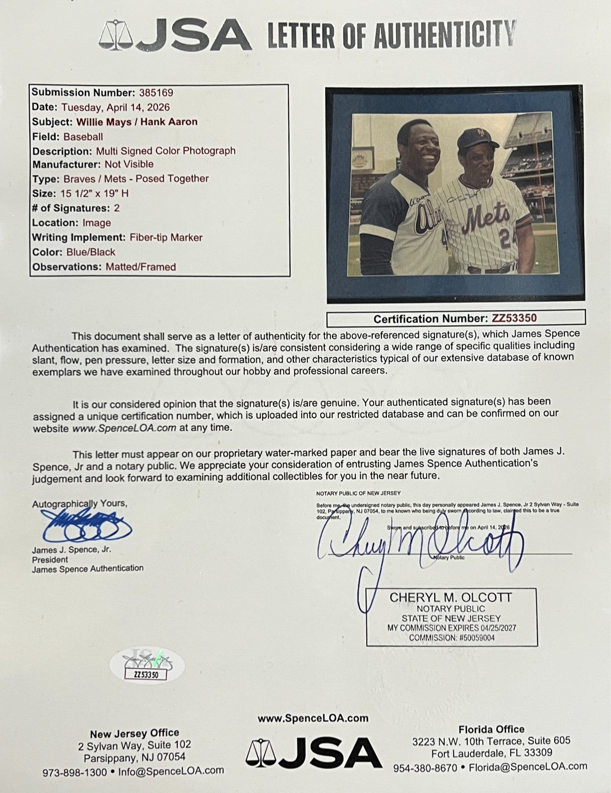 Hank Aaron & Willie Mays Dual Signed 16x20 Photo. Auto JSA2