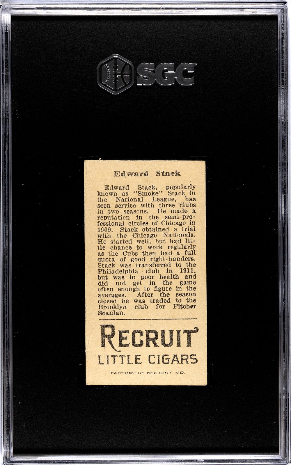 1912 Recruit Little Cigars T207 Eddie Stack SGC 4.51