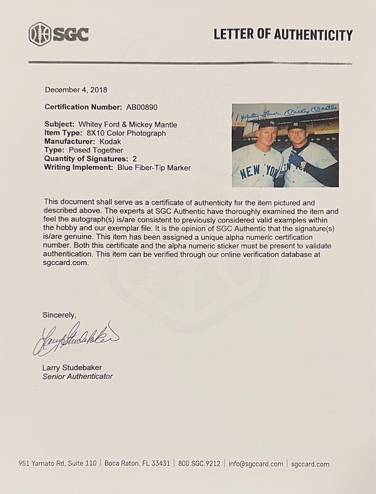 Mickey Mantle & Whitey Ford Signed 8" x 10" Photo. SGC1