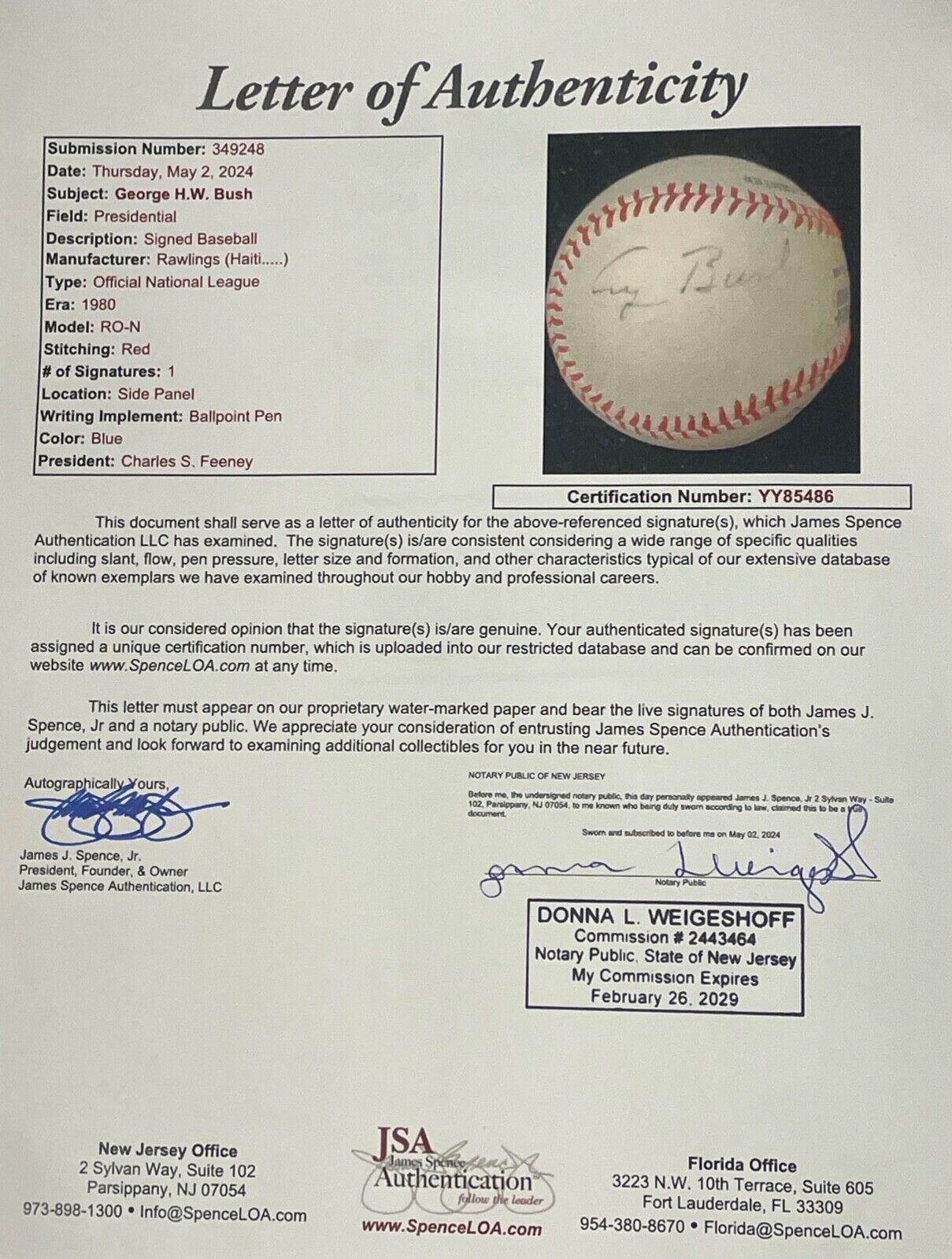 President H.W. Bush Signed Baseball. JSA