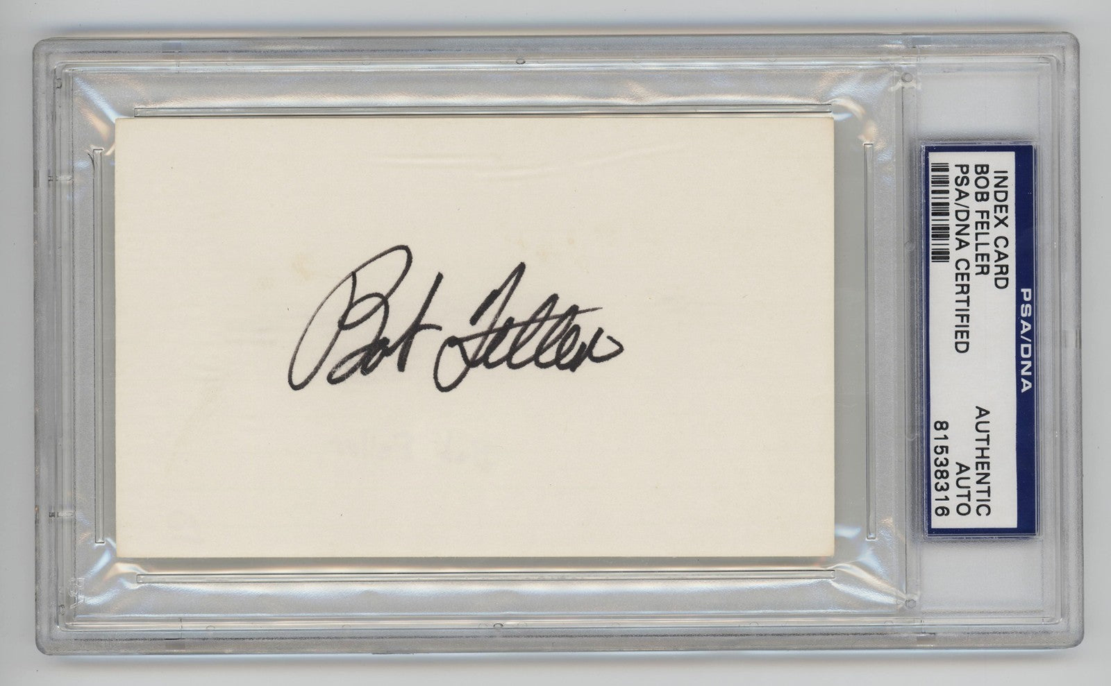 Bob Feller Signed Index Card. PSA. Cleveland Indians Hall of Famer0