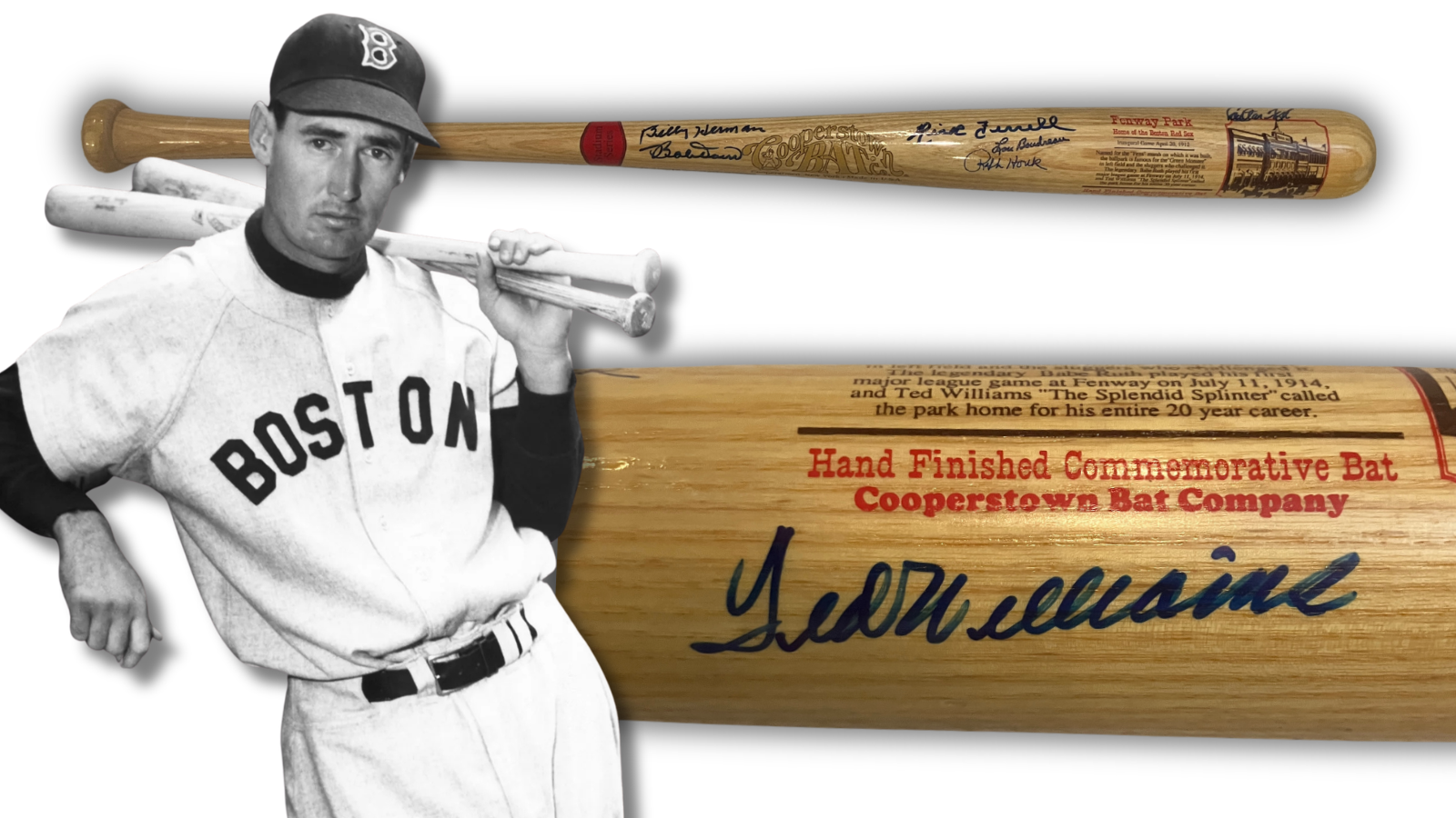 Ted Williams Multi Signed Fenway Park, Boston Red Sox Greats Baseball Bat. JSA0