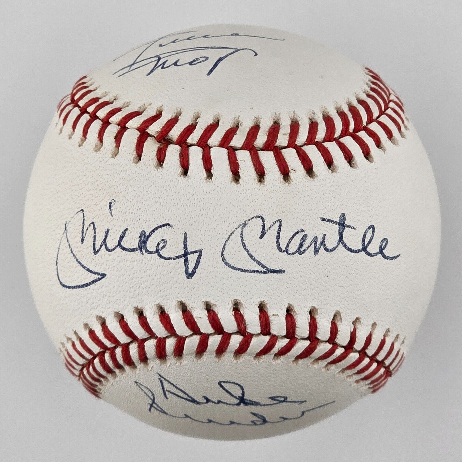 Mickey Mantle, Willie Mays & Duke Snider Signed Baseball. High Grade. PSA 9.5